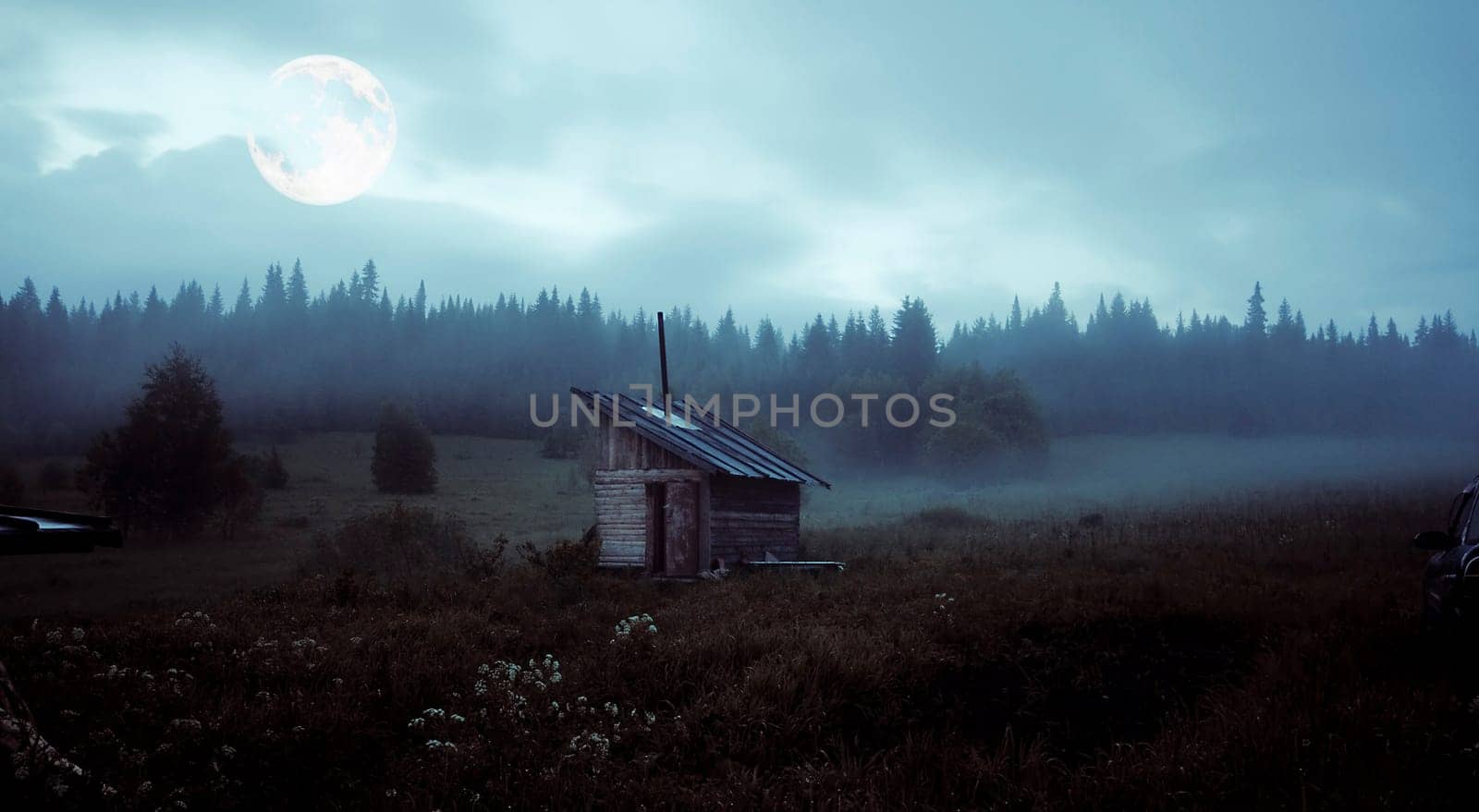 little house over the mystery moon landscape