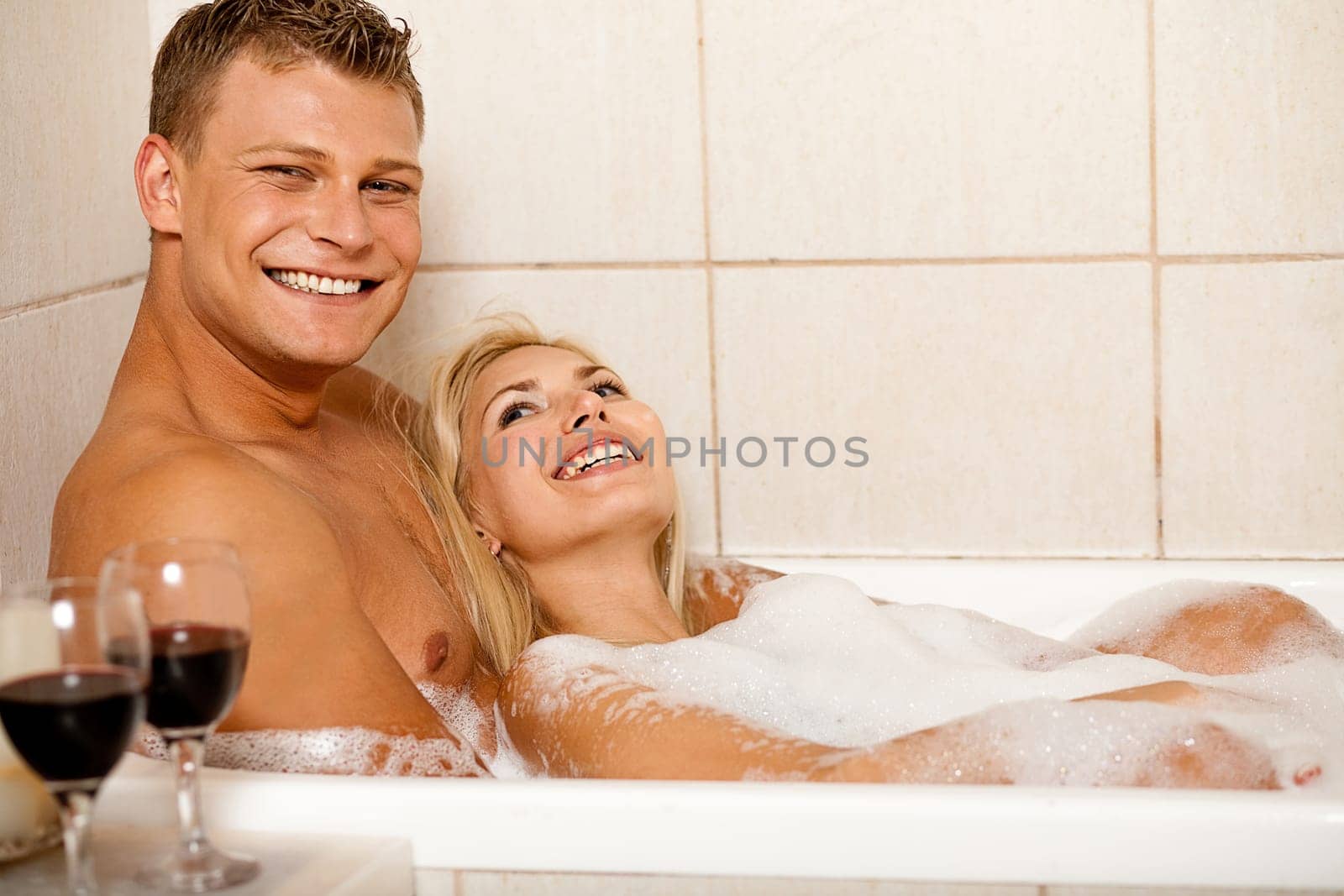 Happy couple in bath