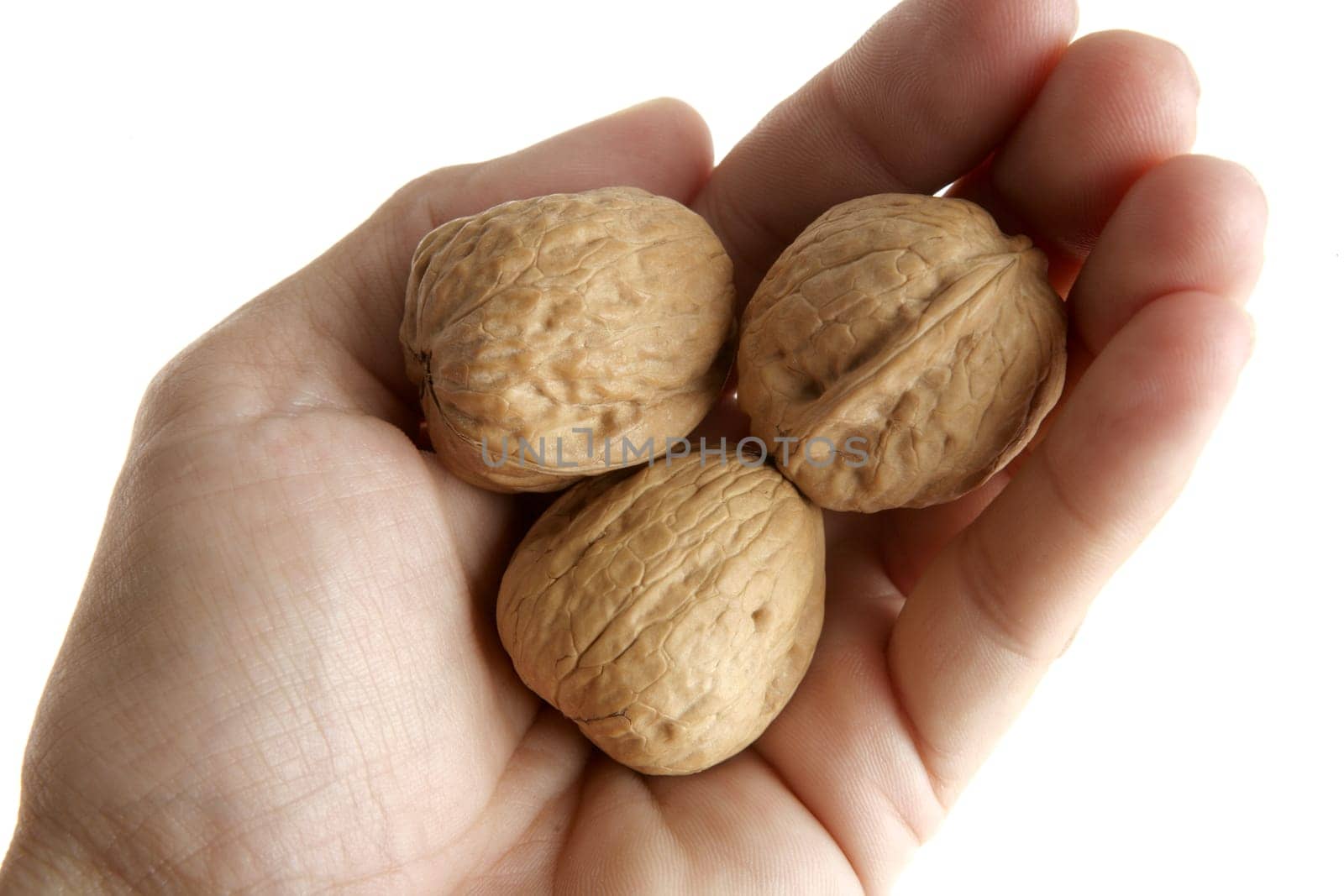 Human hand holding three walnut nuts over white background