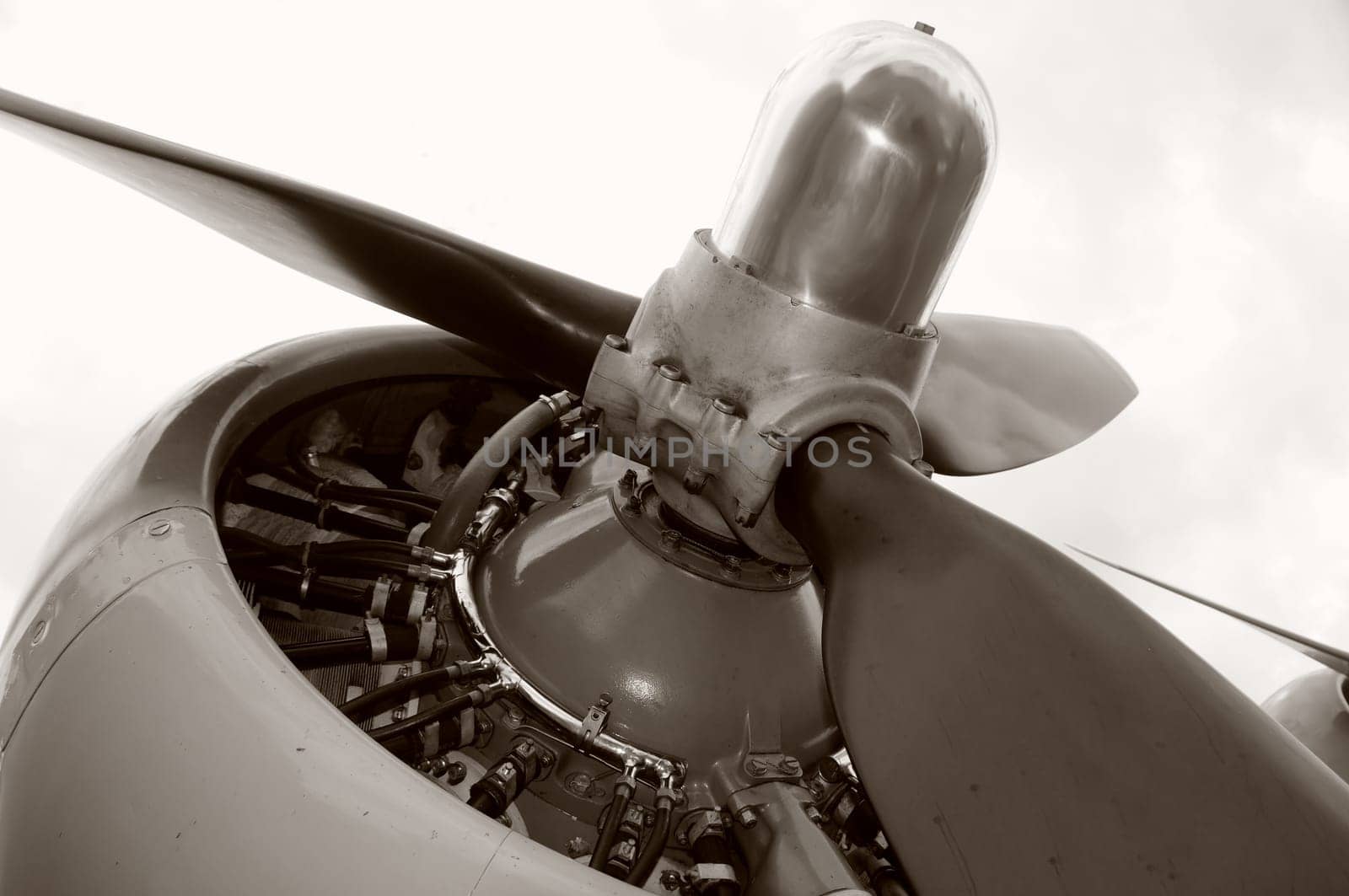 Giant engine and propeller on old bomber airplane