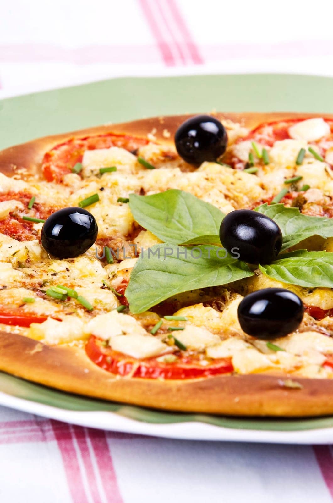 baked pizza served on a green plate