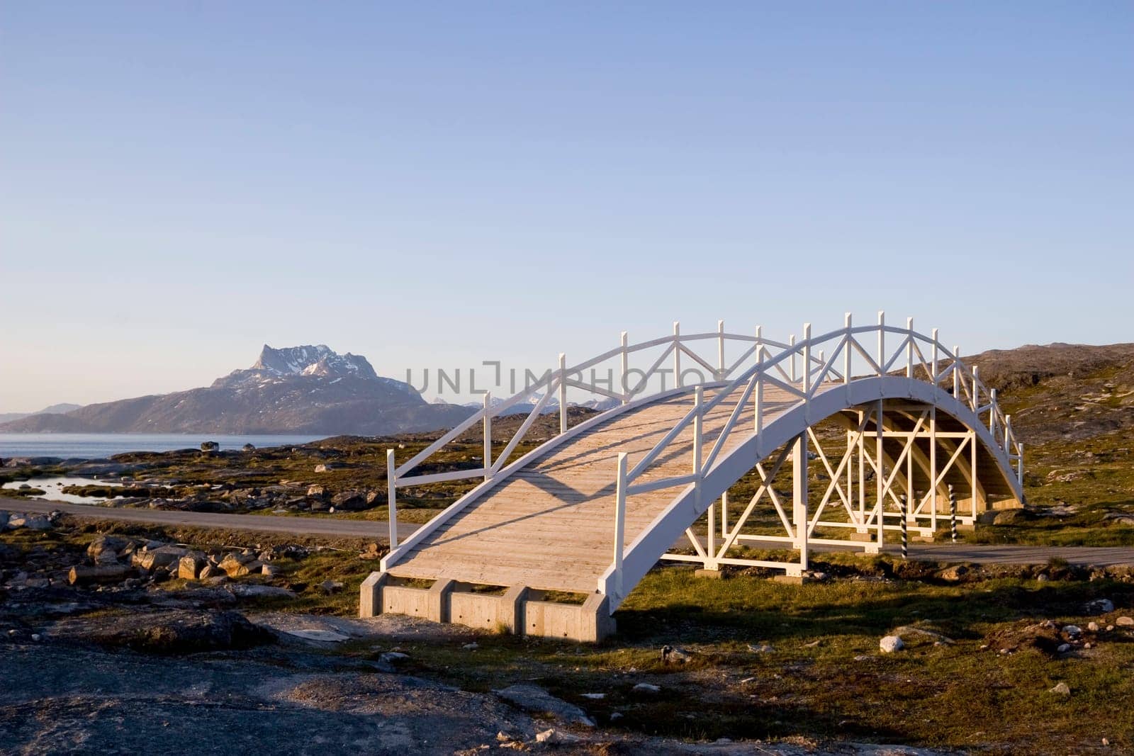 A bridge art piece in Nuuk, Greenland. Sermitsiaq, the mountain, is seen in the background.