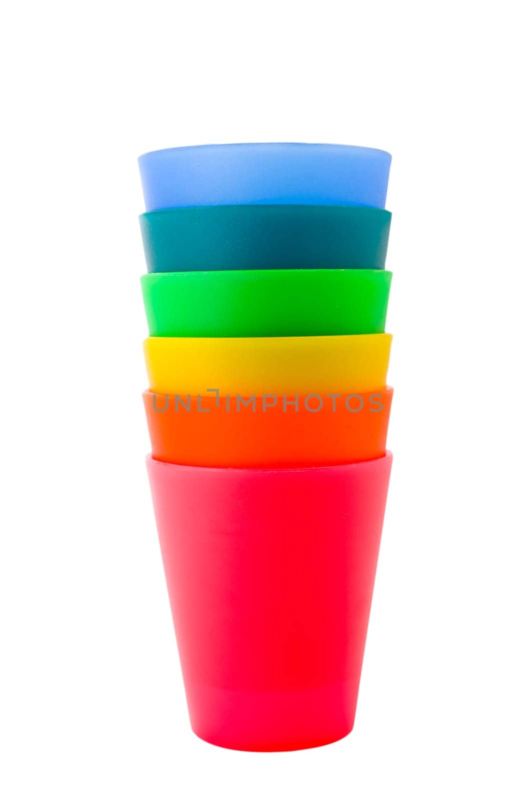 A rainbow-like stack of colorful plastic cups in pink, red, yellow, green, turquoise and blue.