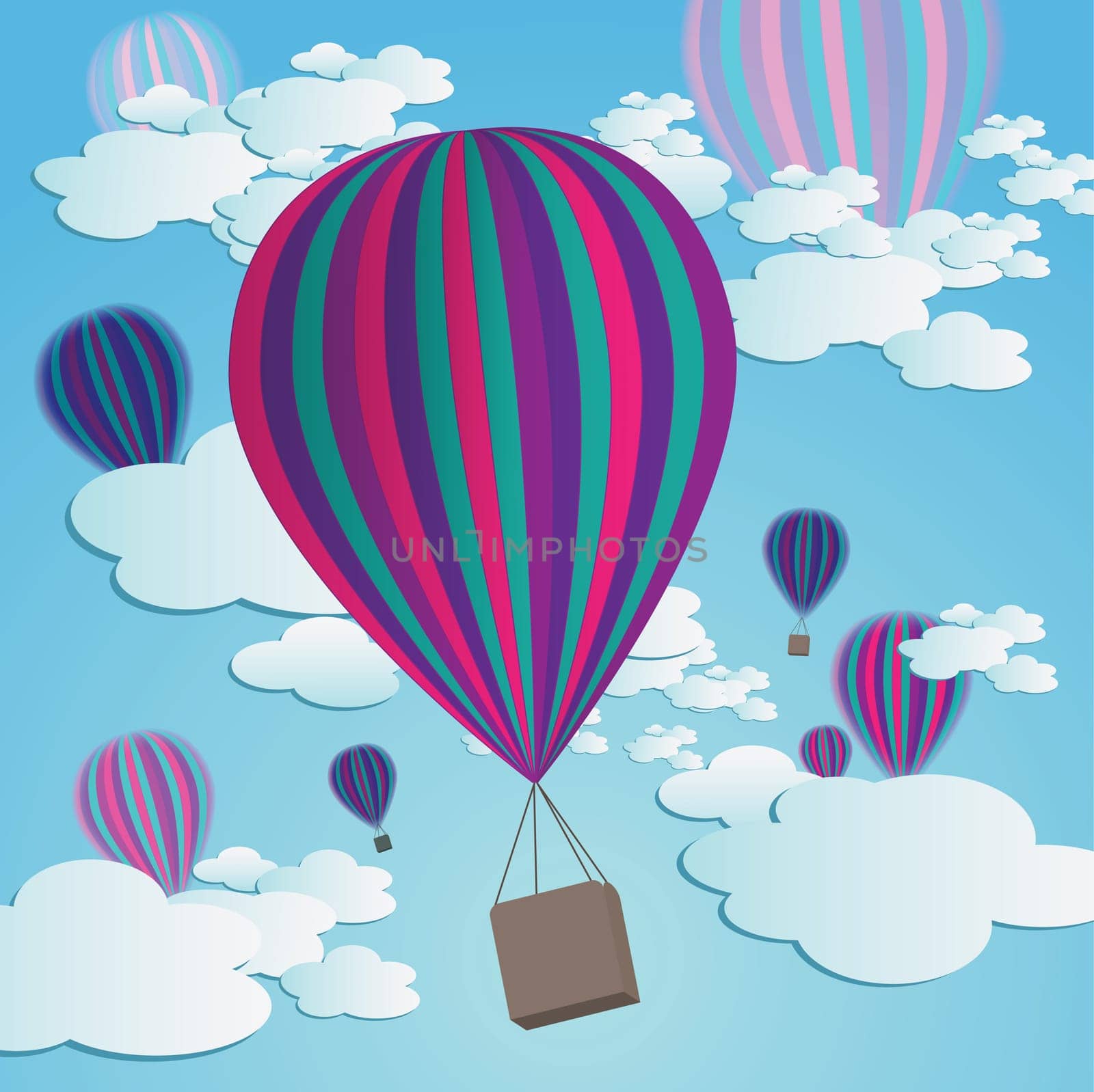 Colorful hot air balloons against a blue gradient sky with cartoon clouds.