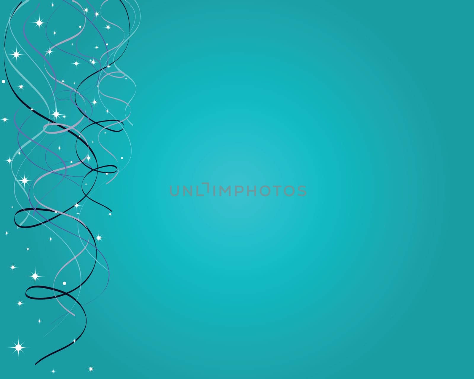 Multi-colored ribbons and white sparkles against a teal blue gradient background.