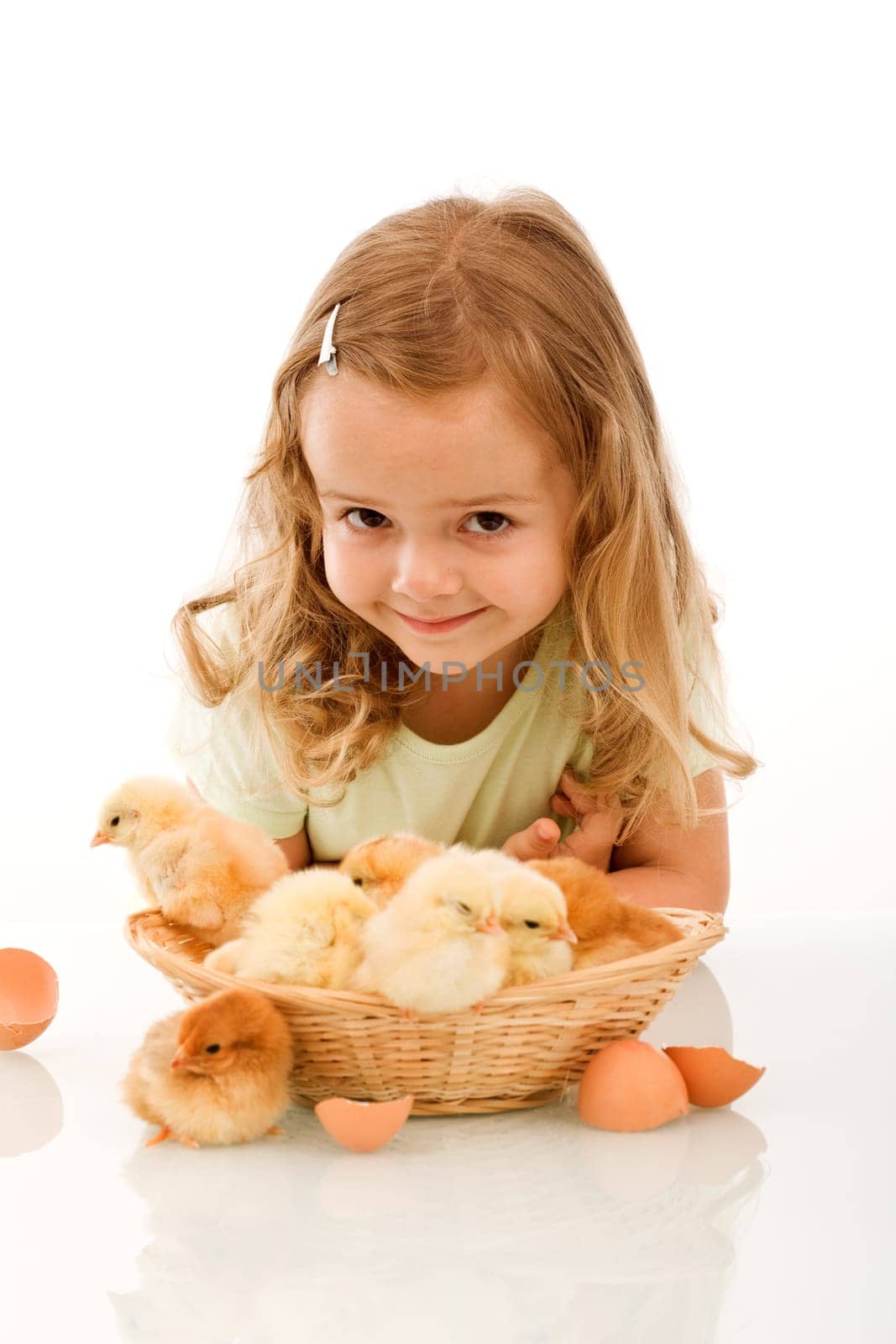 Smiling little girl with a basket full of young chickens - isolated