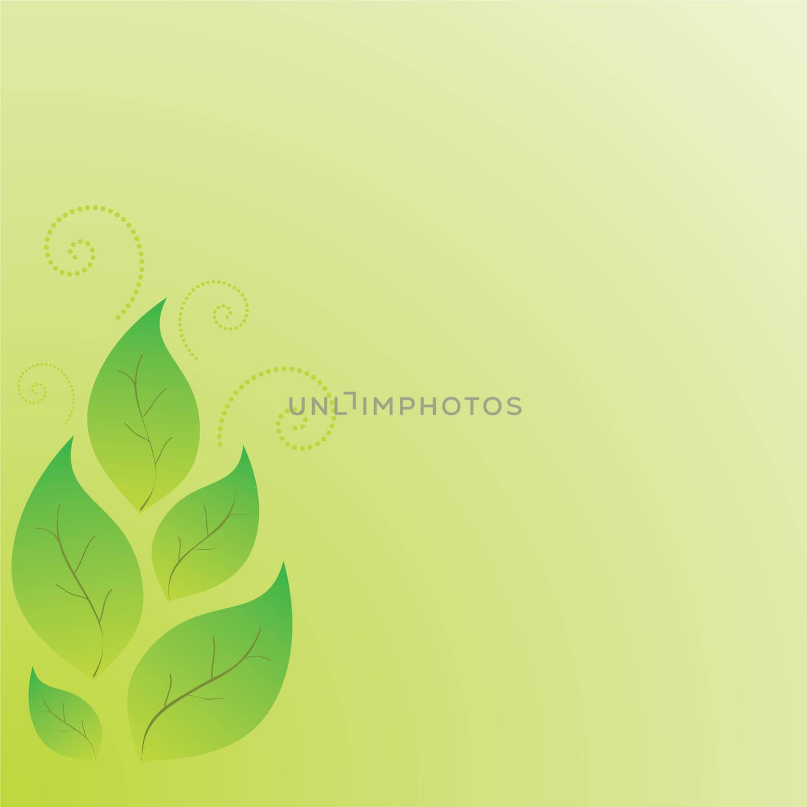 Green yellow gradient leaves against a similiar color background with dotted swirls.