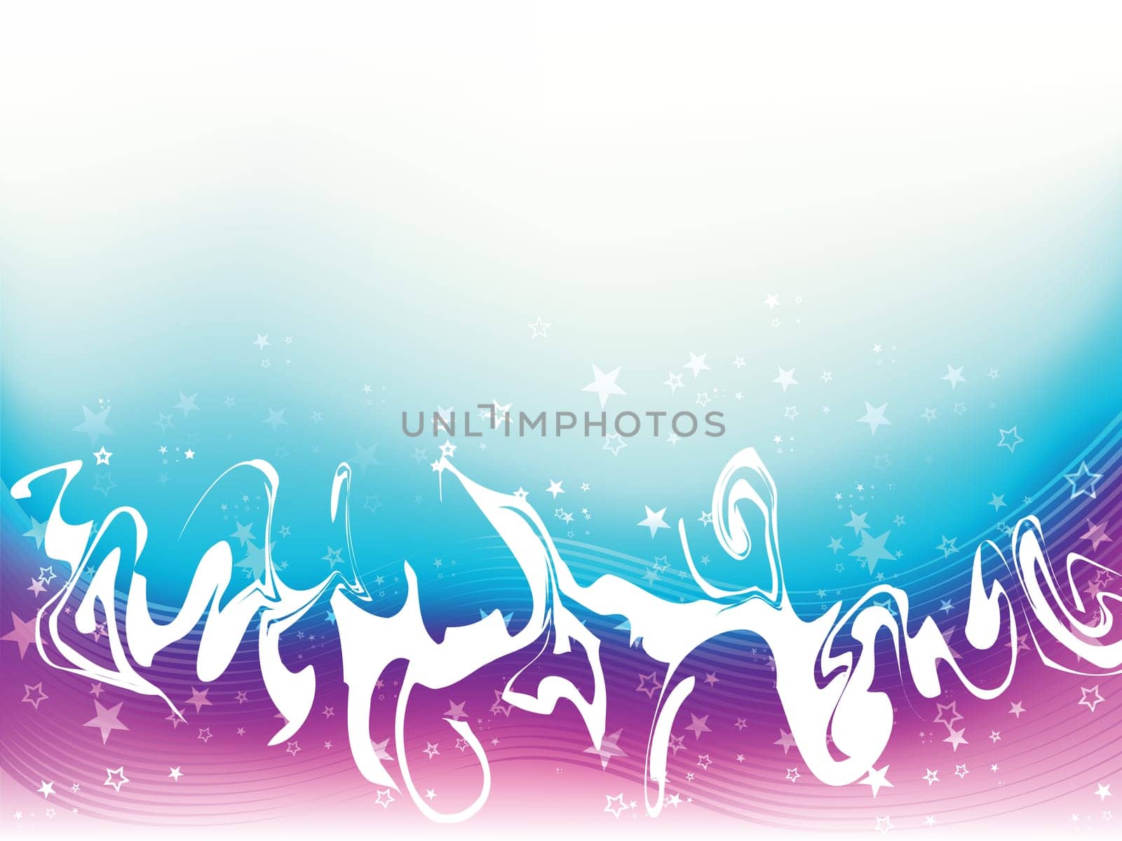 Graphic illustration of grunge shape against stripes and purple and blue gradient background with stars and sparkles.