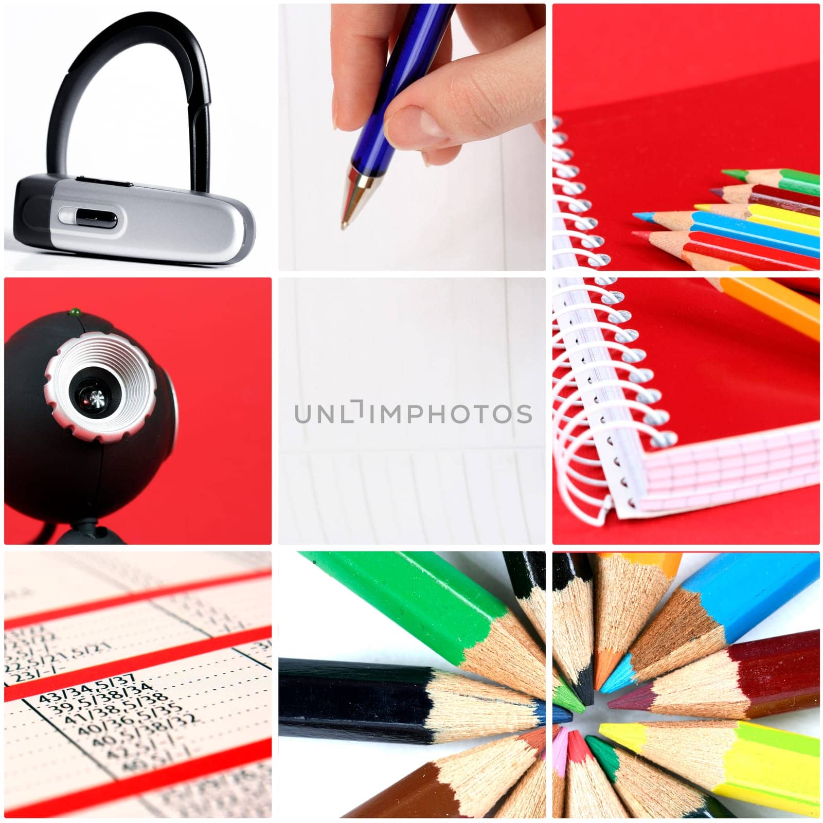Comunication collage made of: webcam, headphone, pencil and agenda