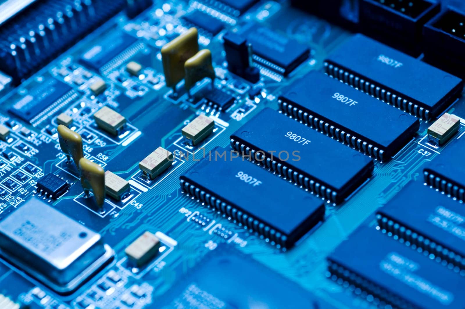 Blue electronic circuit close-up