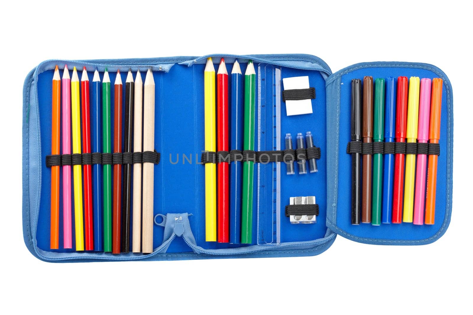 A blue pencil case isolated on white background