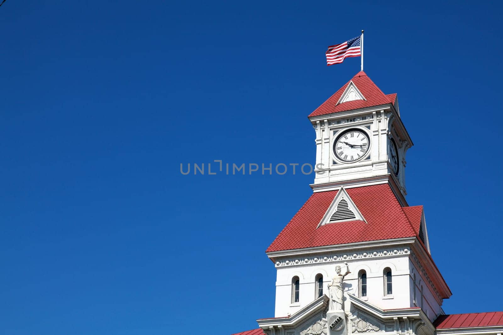 A close up of the historic courthouse tower in Corvallis, Oregon