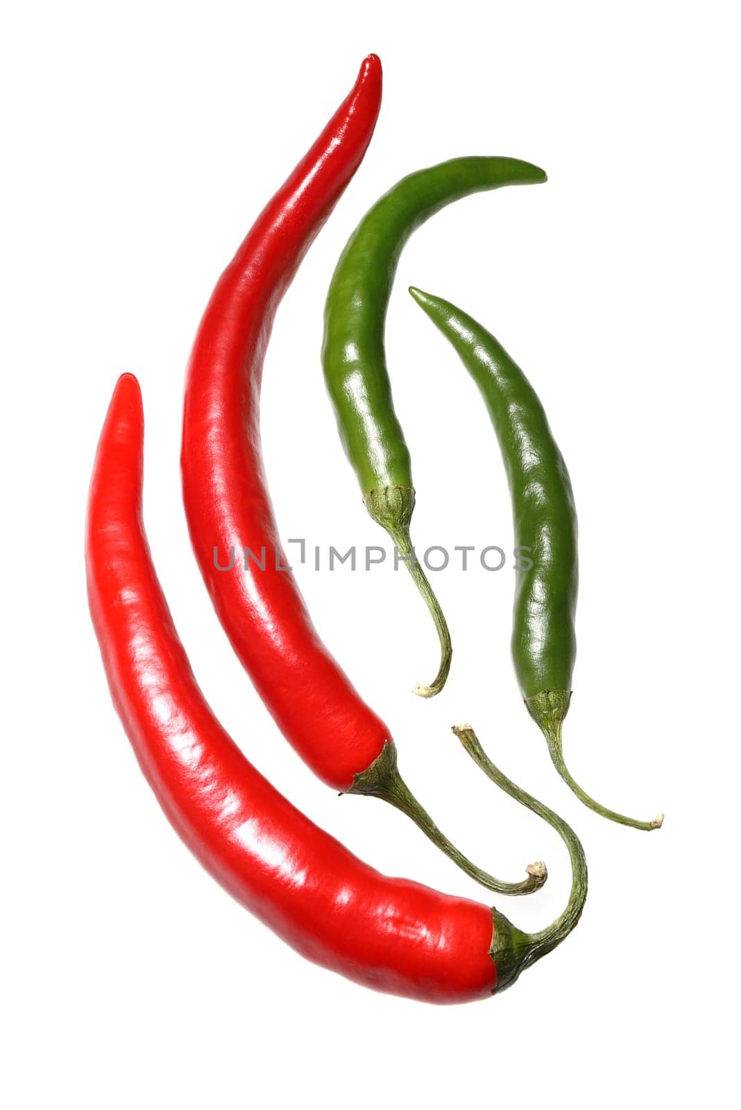 A group of red and green hot peppers