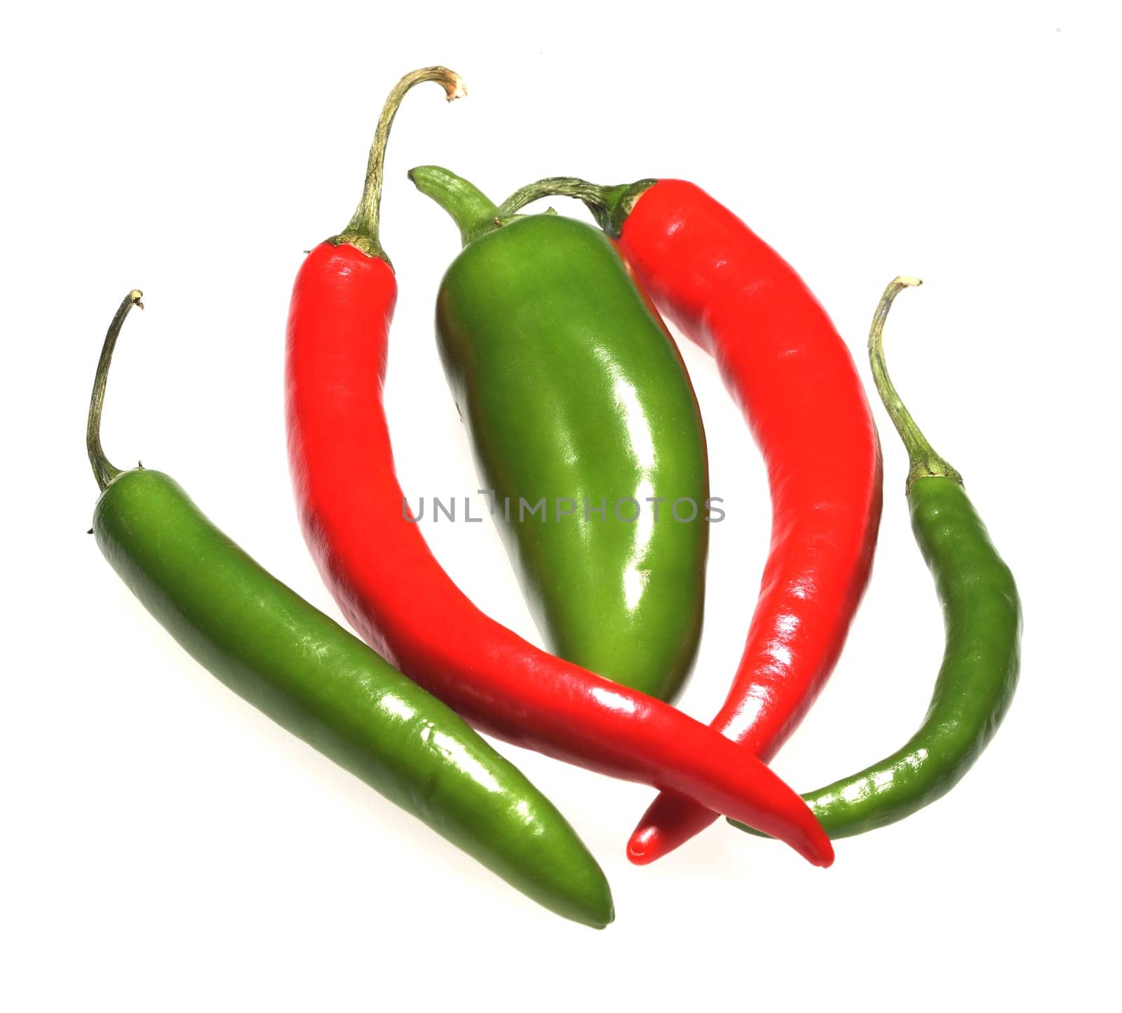 A group of red and green hot peppers