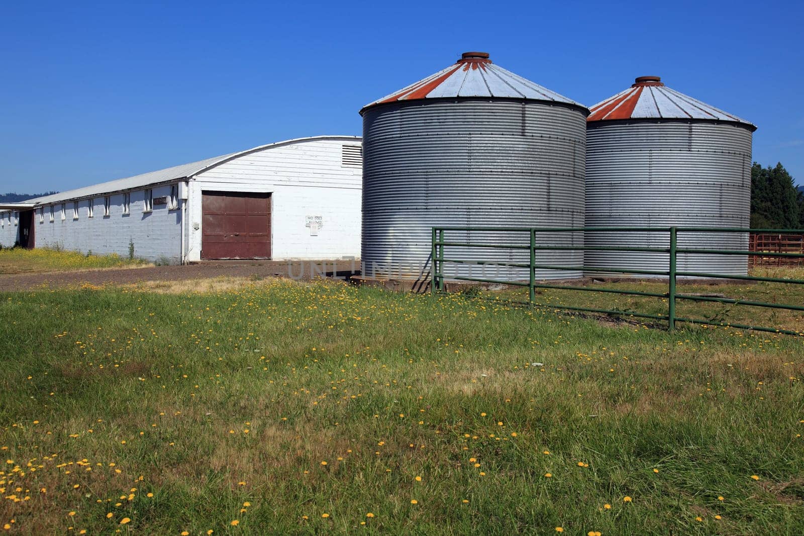 Two silos in front of a warehouse in rural Oregon