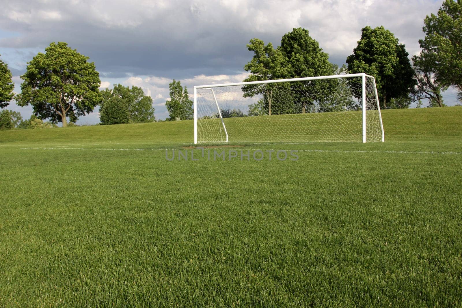 A view of a net on a vacant soccer pitch.