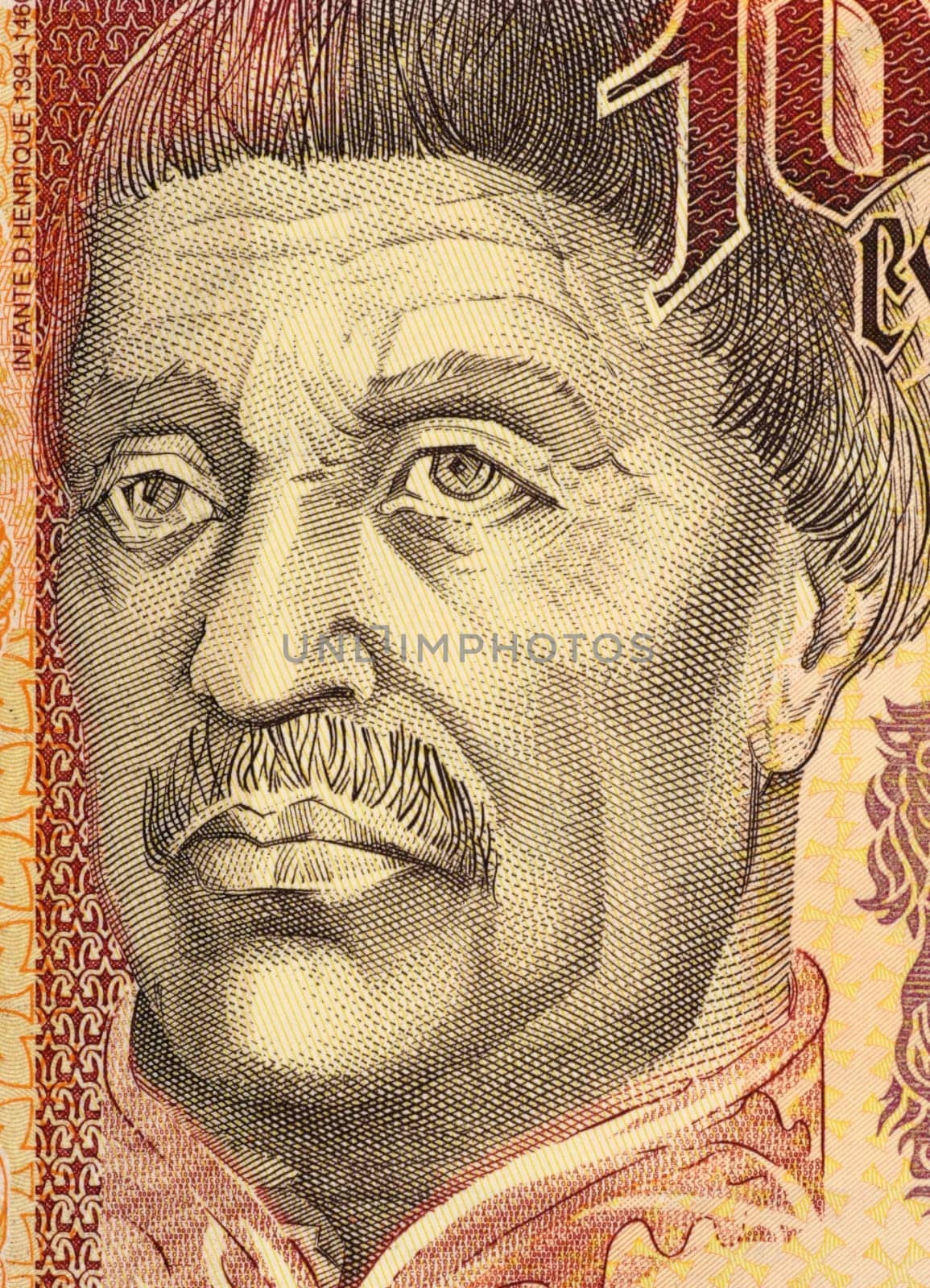 Dom Henrique on 10000 Escudos 1998 Banknote from Portugal. Prince of the house of Aviz and key figure in the early days of Portuguese empire being responsible for the beginning of the world explorations.