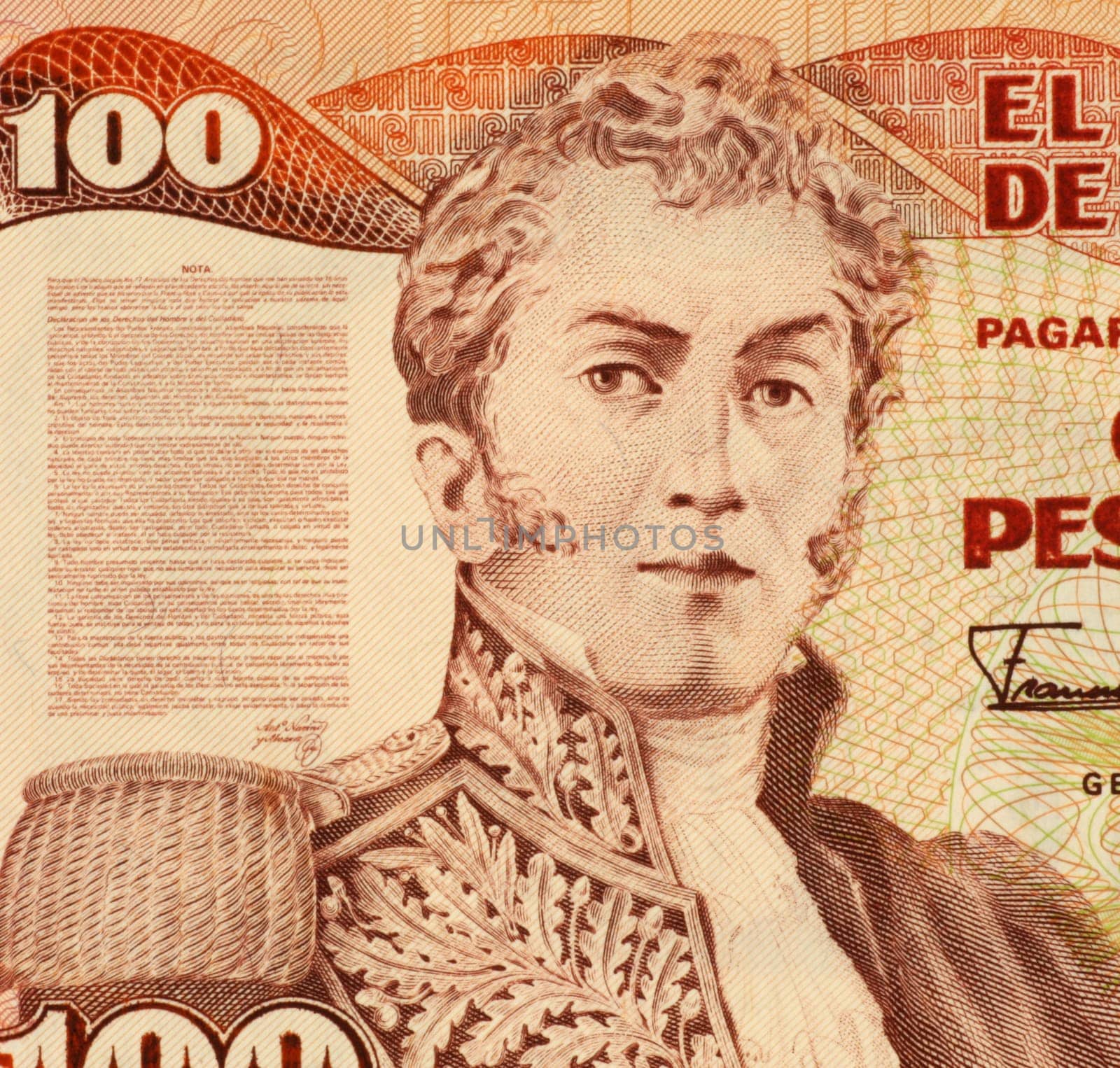 General Antonio Narino on 100 Pesos 1991 Banknote from Colombia. He was one of the early political and military leaders of the independence movement in Colombia.