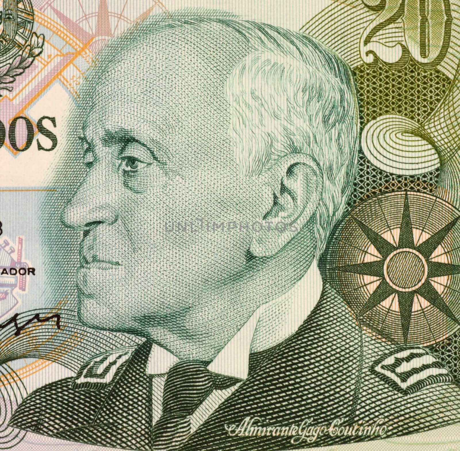 Gago Coutinho on 20 Escudos 1978 Banknote from Portugal. Portuguese aviator who together with Sacadura Cabral were the first to cross south atlantic ocean by air, from Lisbon to Rio de Janeiro.