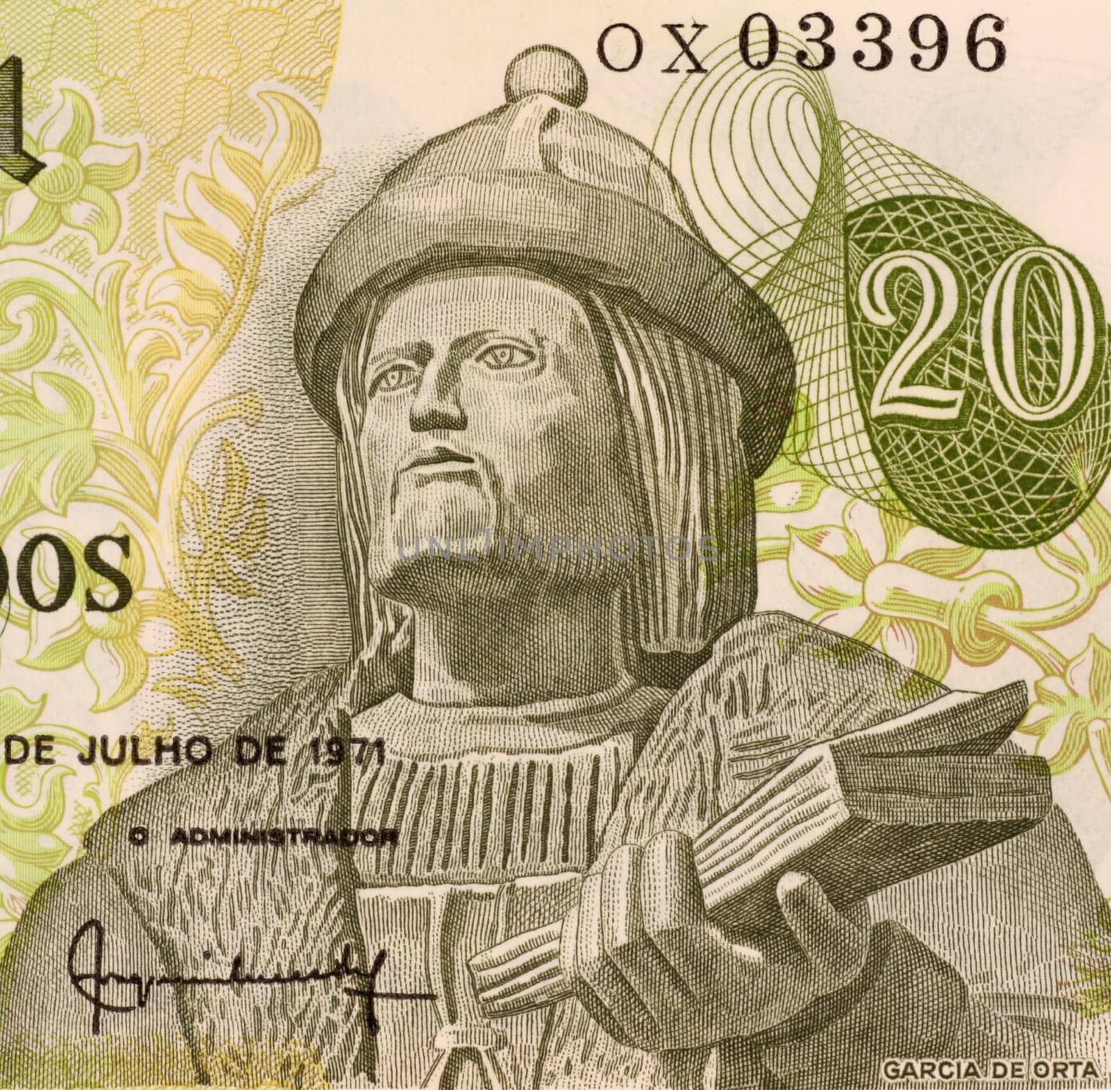 Garcia de Orta on 20 Escudos 1971 Banknote from Portugal. Physician, naturalist and pioneer of tropical medicine.