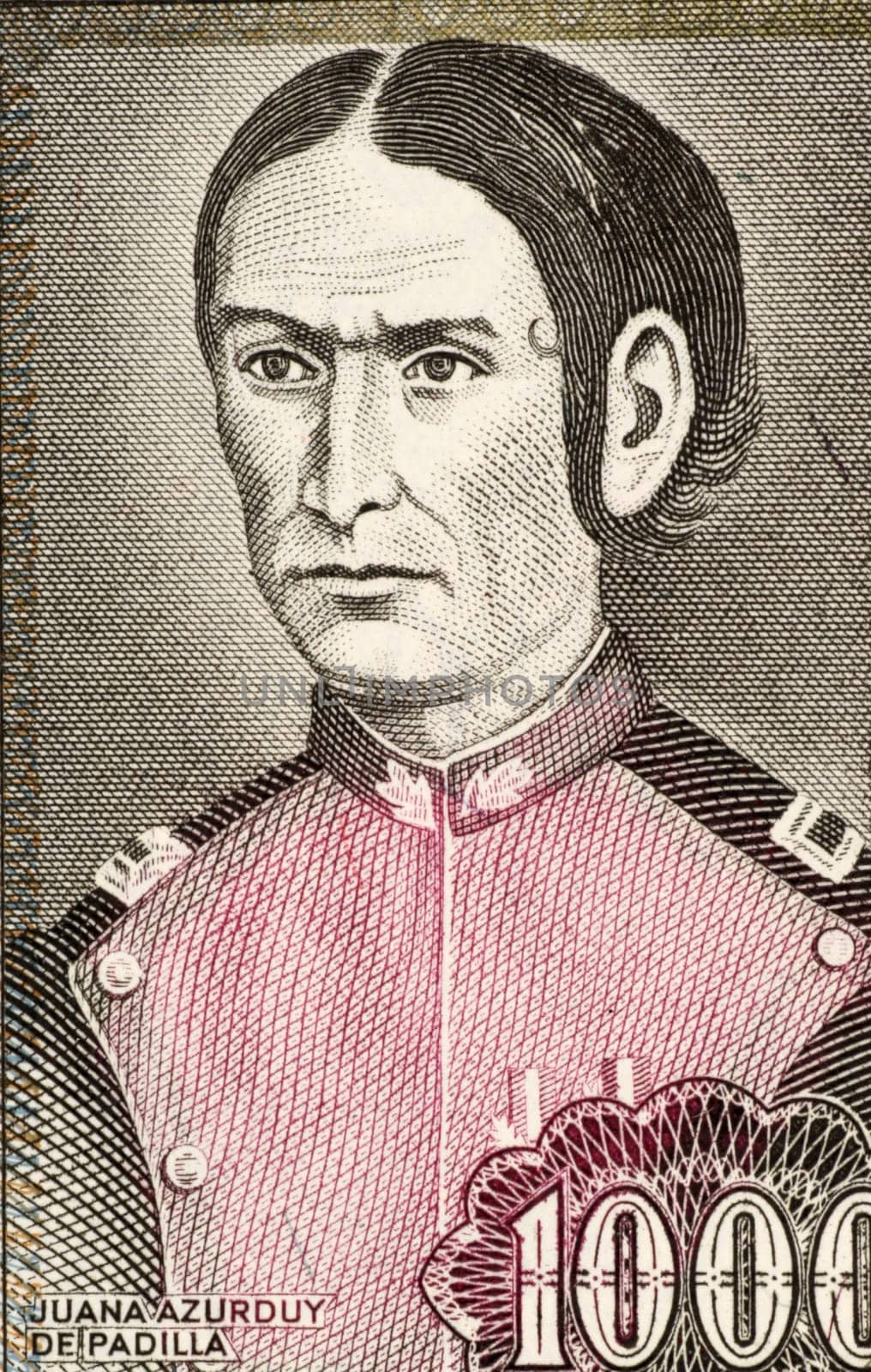 Juana Azurduy De Padilla on 1000 Pesos Bolivianos 1982 Banknote from Bolivia. Revolutionary and guerrilla leader during the South American war of independence at early 19th century.