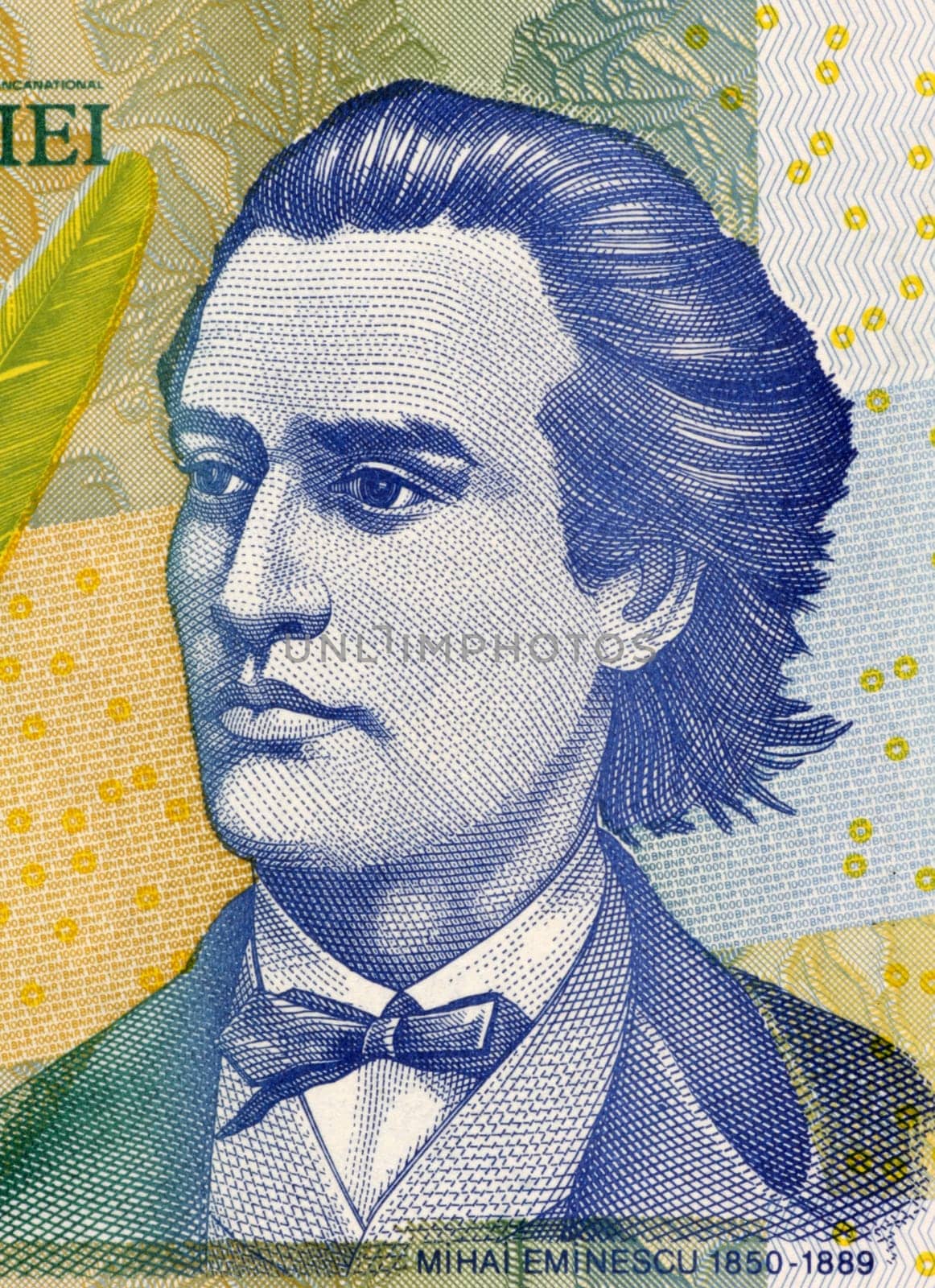 Mihai Eminescu on 1000 Lei 1998 Banknote from Romania. Romantic poet, novelist and journalist, regarded as the most famous Romanian poet.