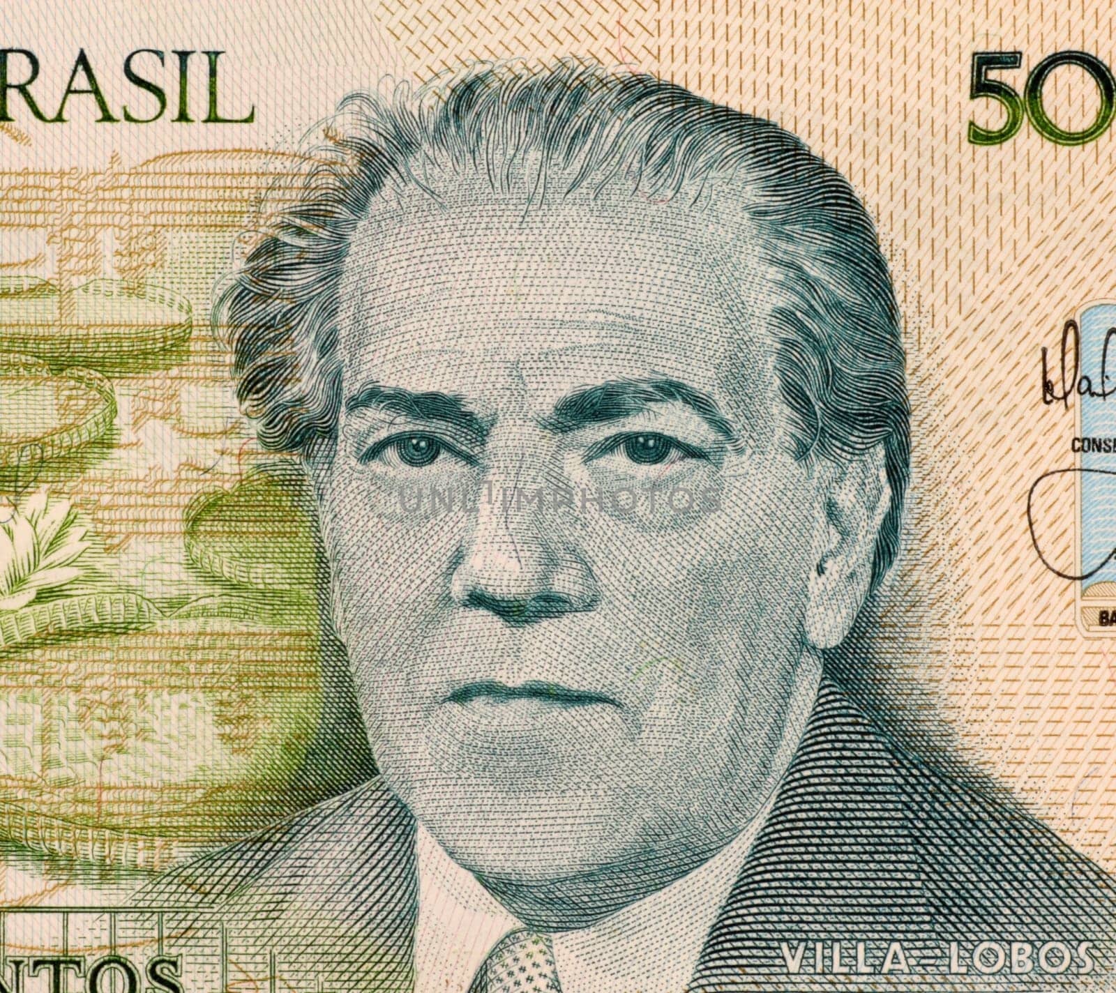 Villa Lobos on 500 Cruzados 1987 Banknote from Brazil. Music composer refered as the single most significant creative figure in 20th century Brazilian art music.