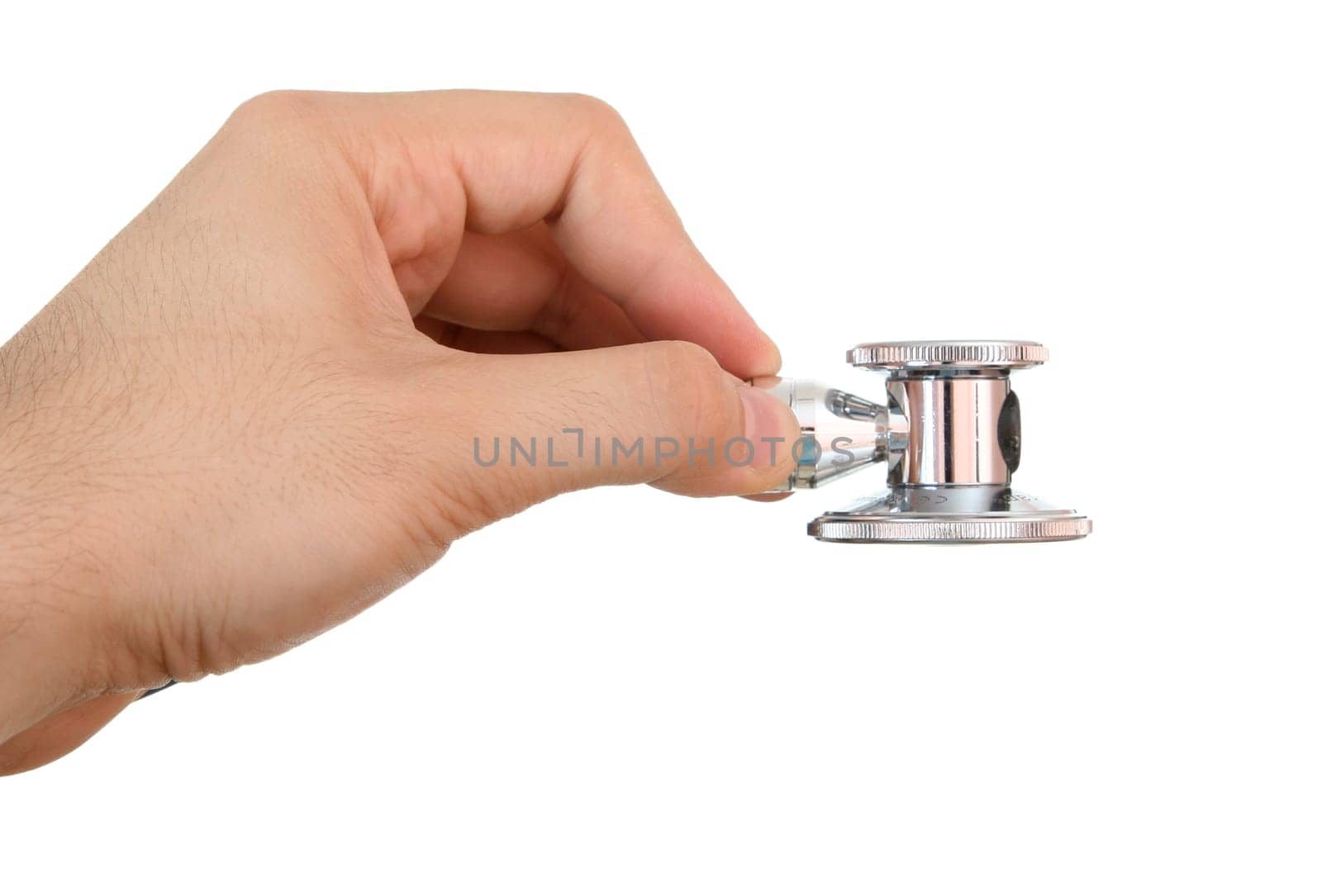 Stethoscope in a mand hand. Isolated on white