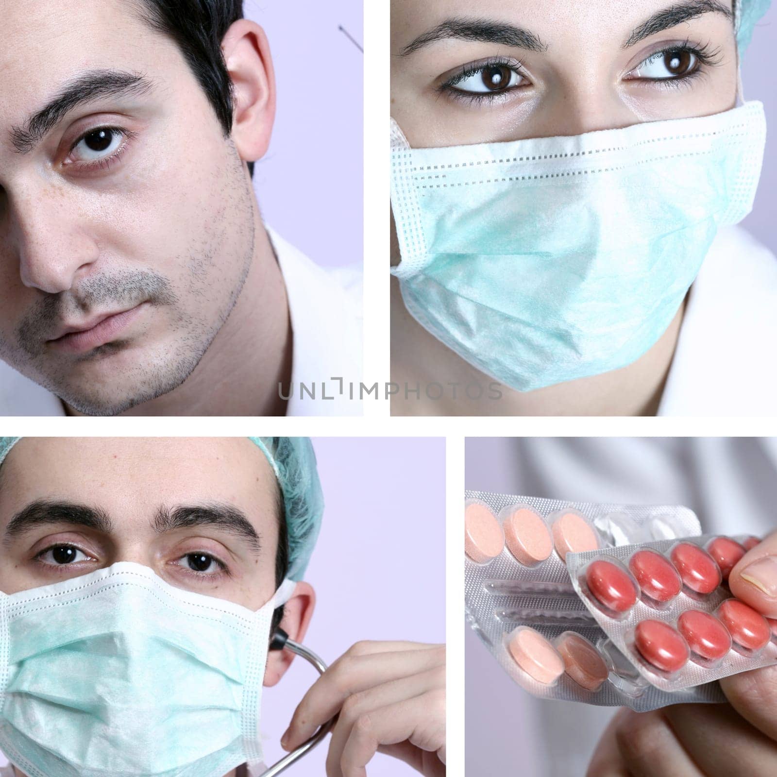 Professional young doctors at work. Collage.
