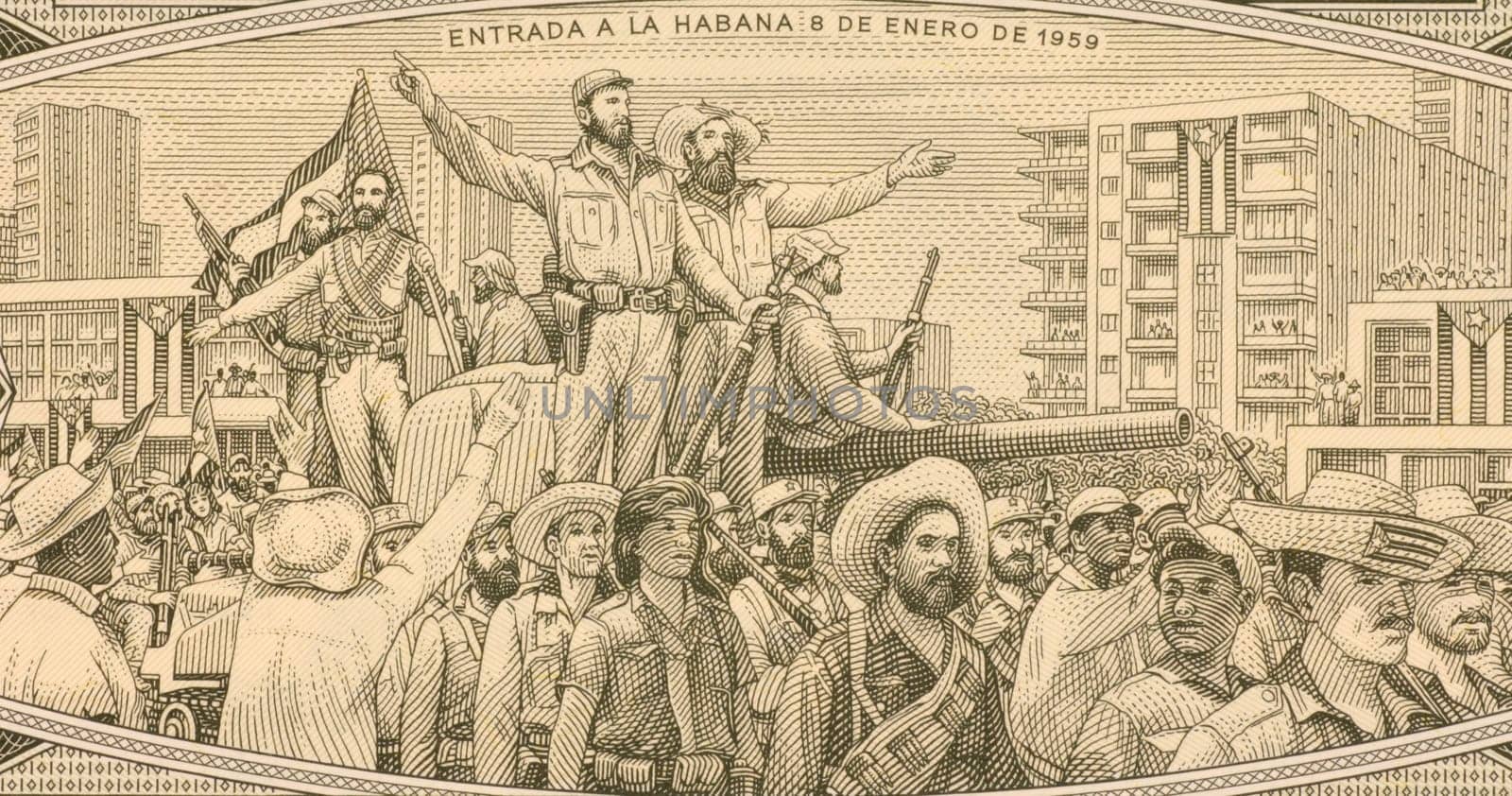 Fidel Castro with Rebel Soldiers Entering Havana in 1959, on 1 Peso 1986 Banknote from Cuba.