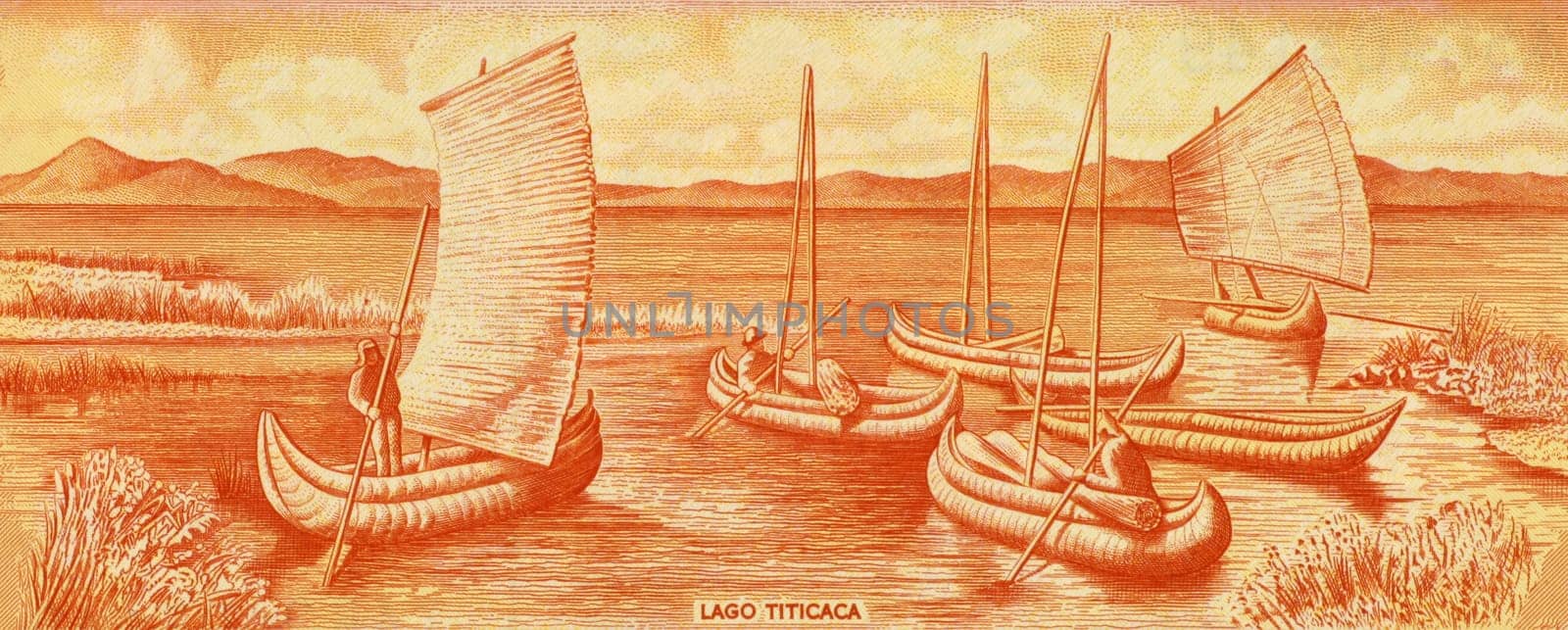 Lake Titicaca on 10 Soles De Oro 1974 Banknote from Peru. One of the highest in altitude commercially navigable lakes in the world and the largest lake in South America by volume of water.