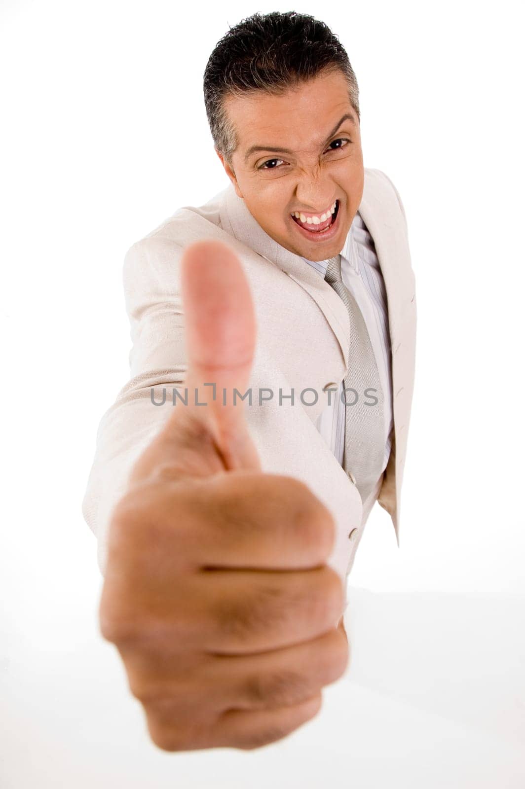 Businessperson with thumb up isolated on white background
