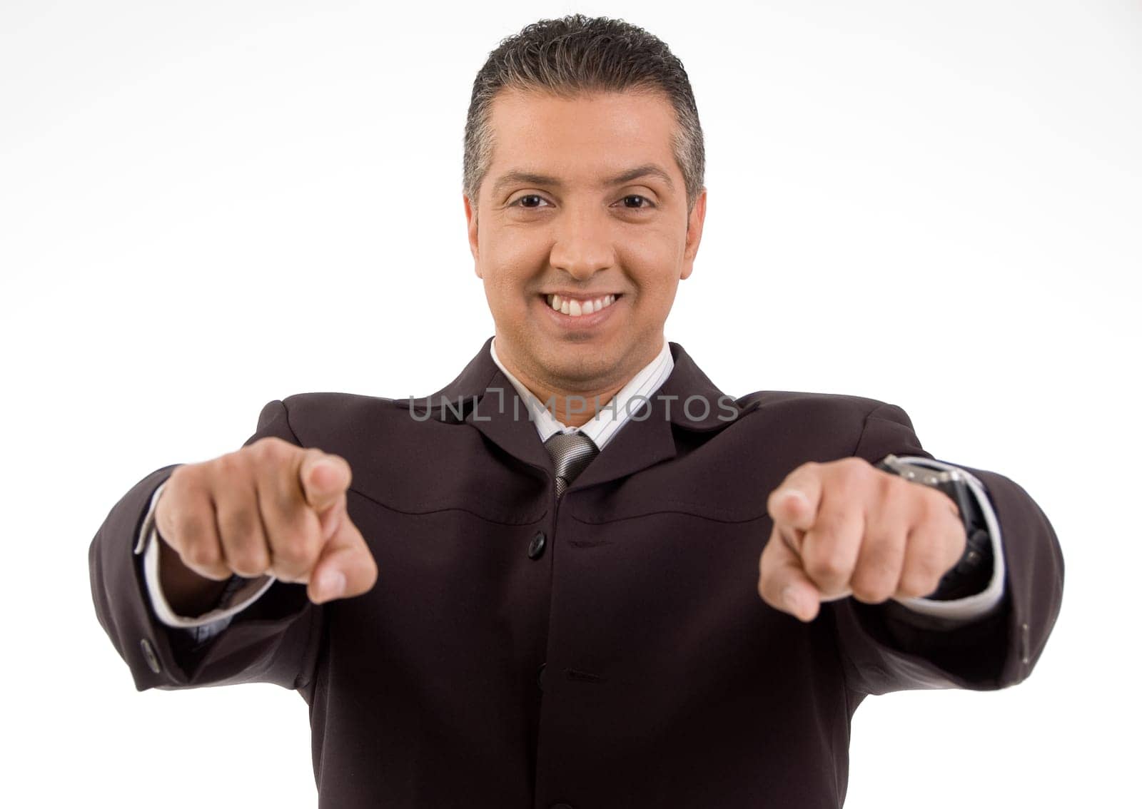 Senior man pointing at you isolated on white background