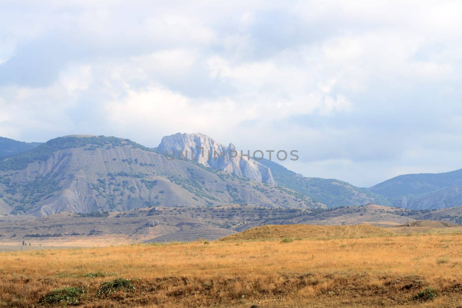 Nice Crimea summer landscape with yellow steppe and mountains
