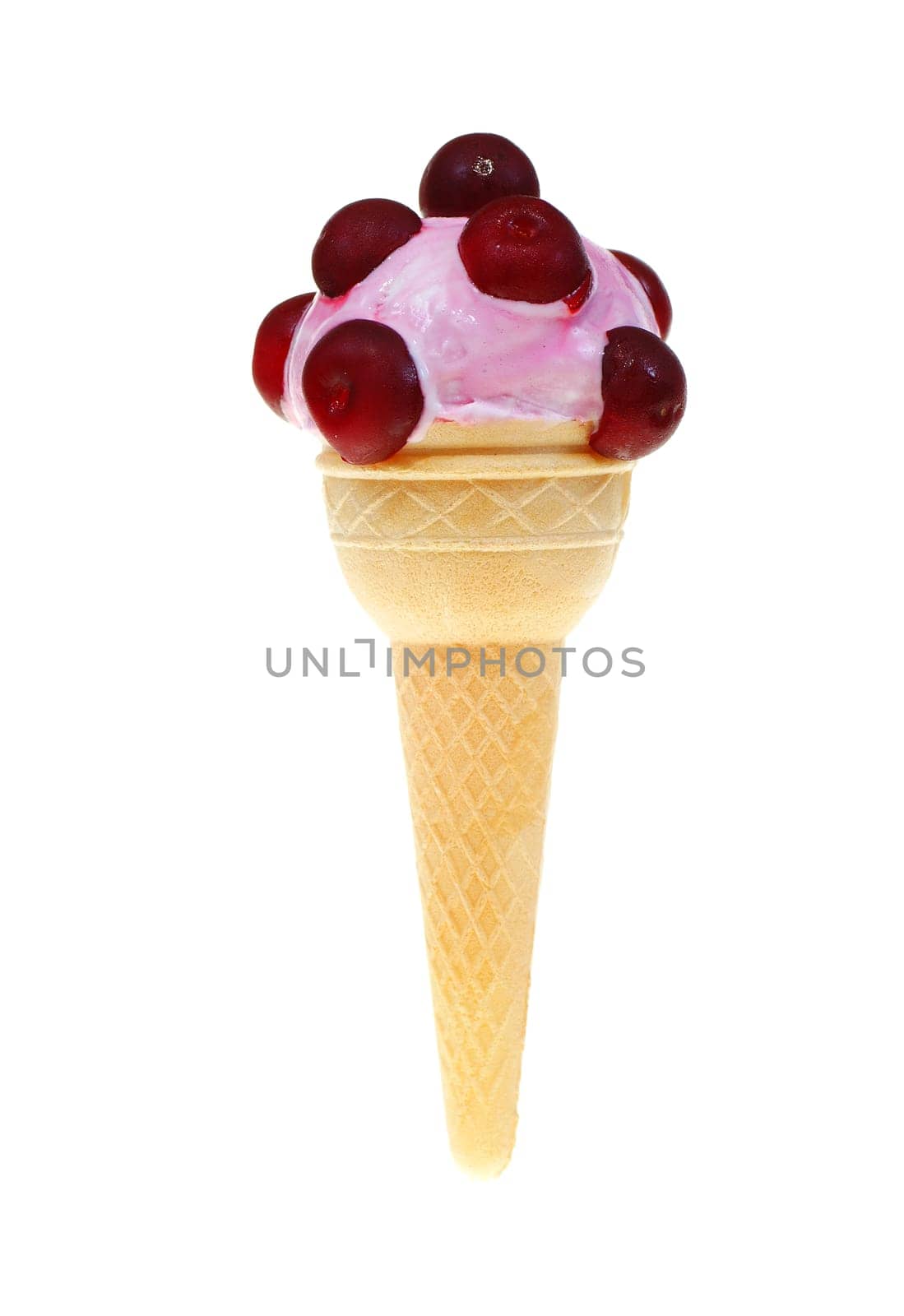 fruity ice cream  with cherry on white background