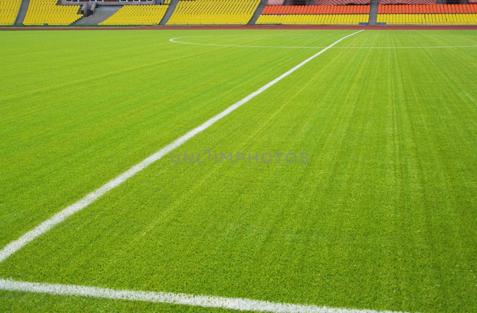 View of the green grassy artificial lawn on football/soccer field