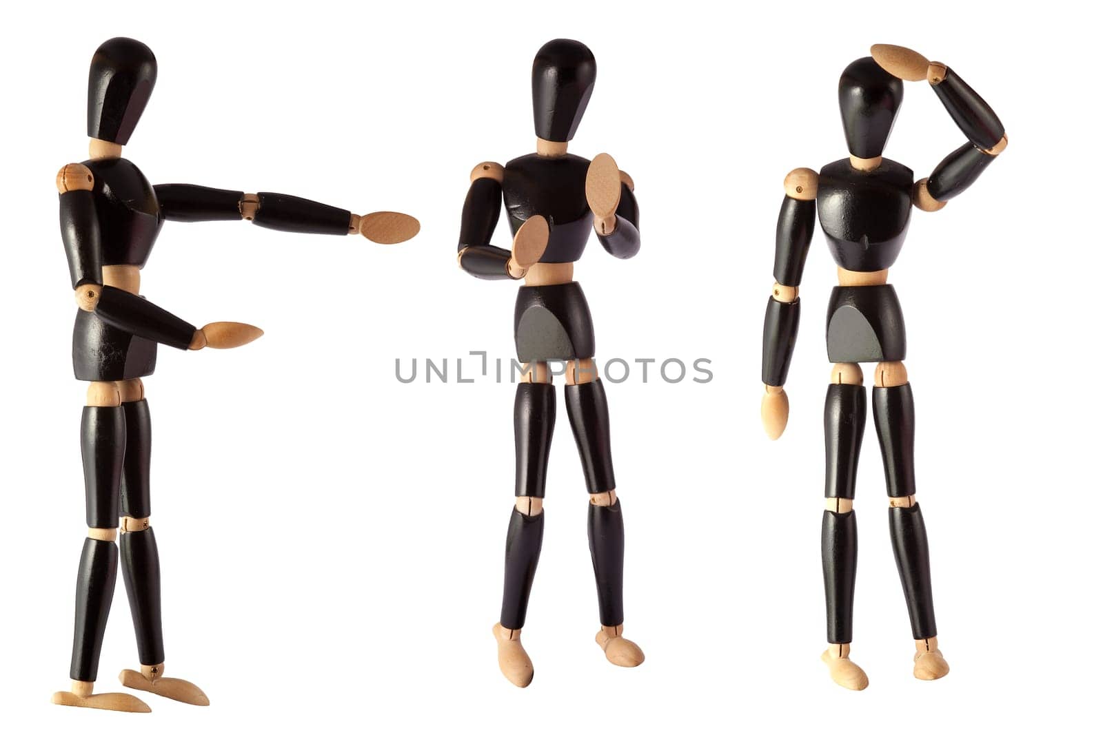 wooden dummy painted black on a white background
