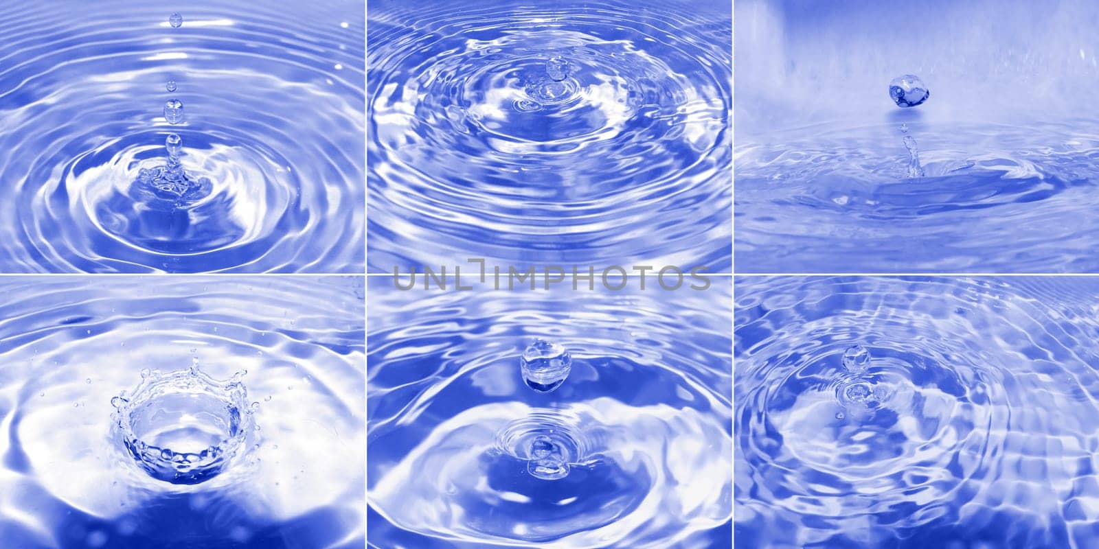 Collage of close up macro of water drops droplets