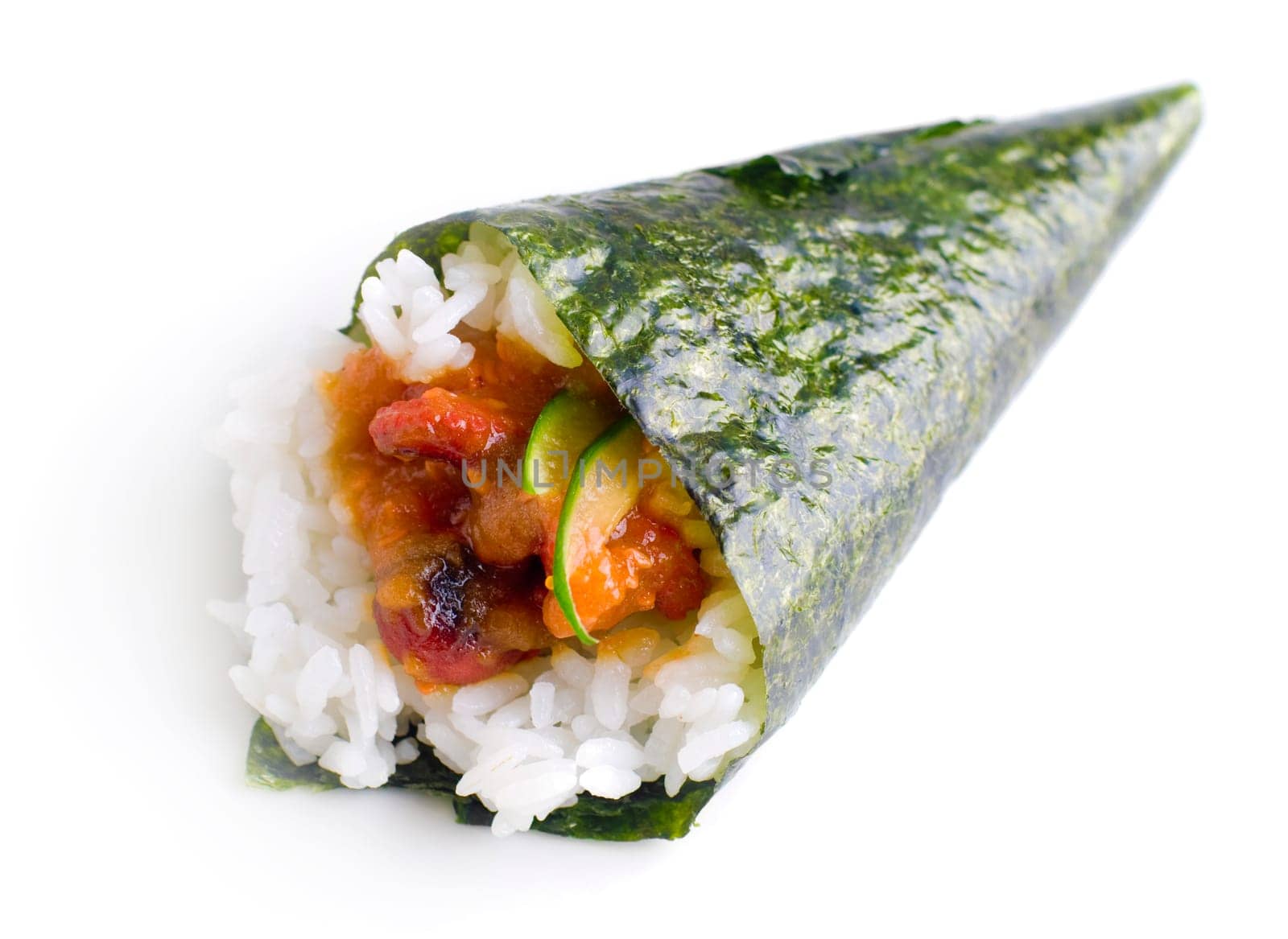 Hand rolled temaki sushi traditional japanese cuisine isolated on white.