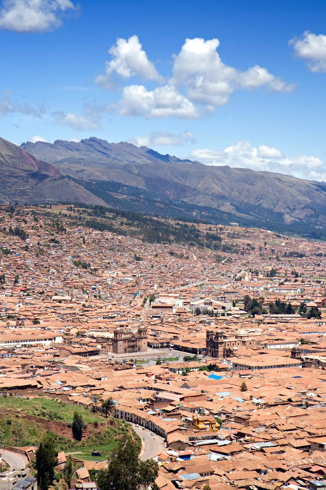 View of the city of Cusco, Peru with the Plaza de Armas at the bottom third of the frame.