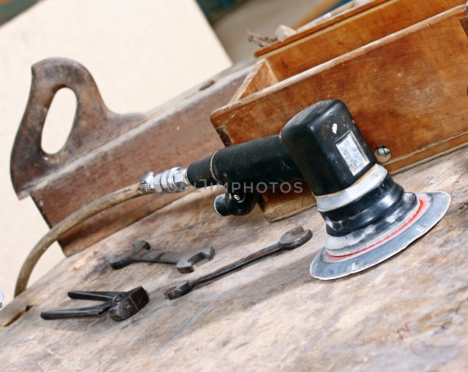 fine image of carpenter tools on old wood work table