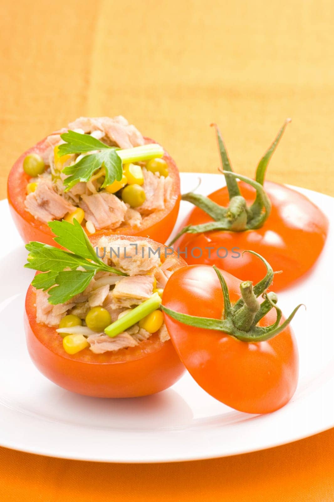 tomatoes stuffed with tuna celery peas corn and soybeans