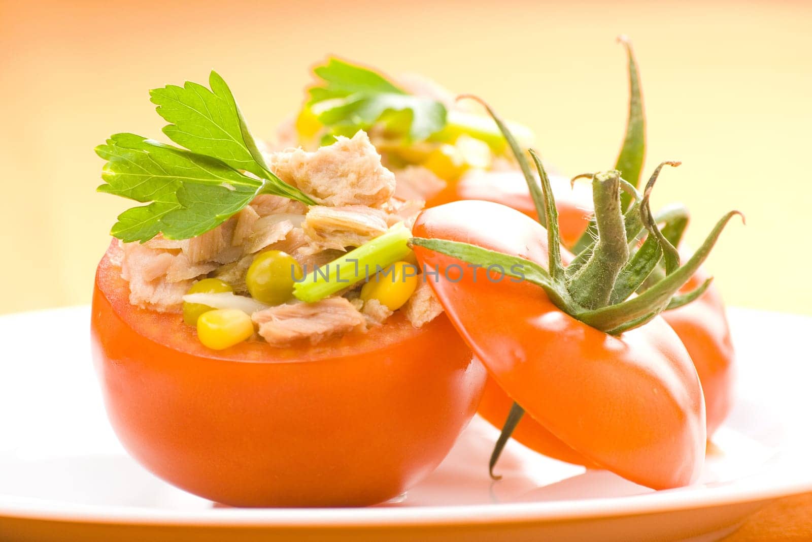 tomatoes stuffed with tuna celery peas corn and soybeans