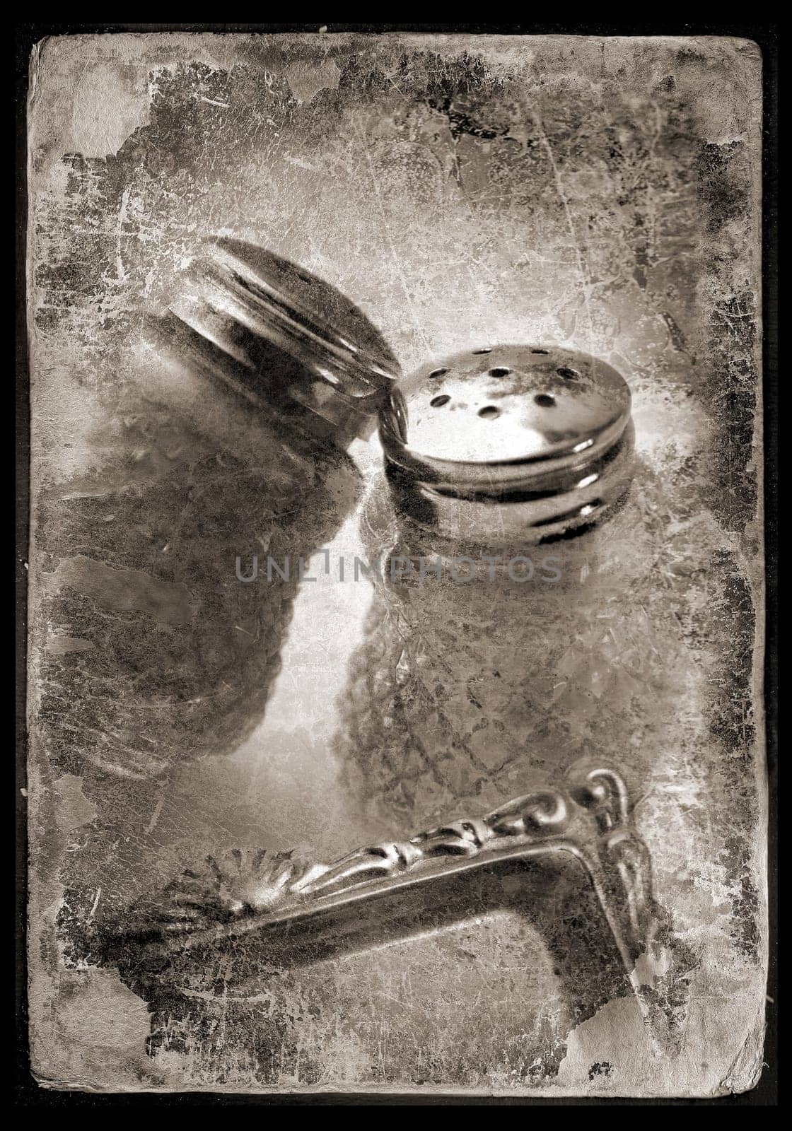 Salt-n-pepper, old style retro still life. Old photography styled