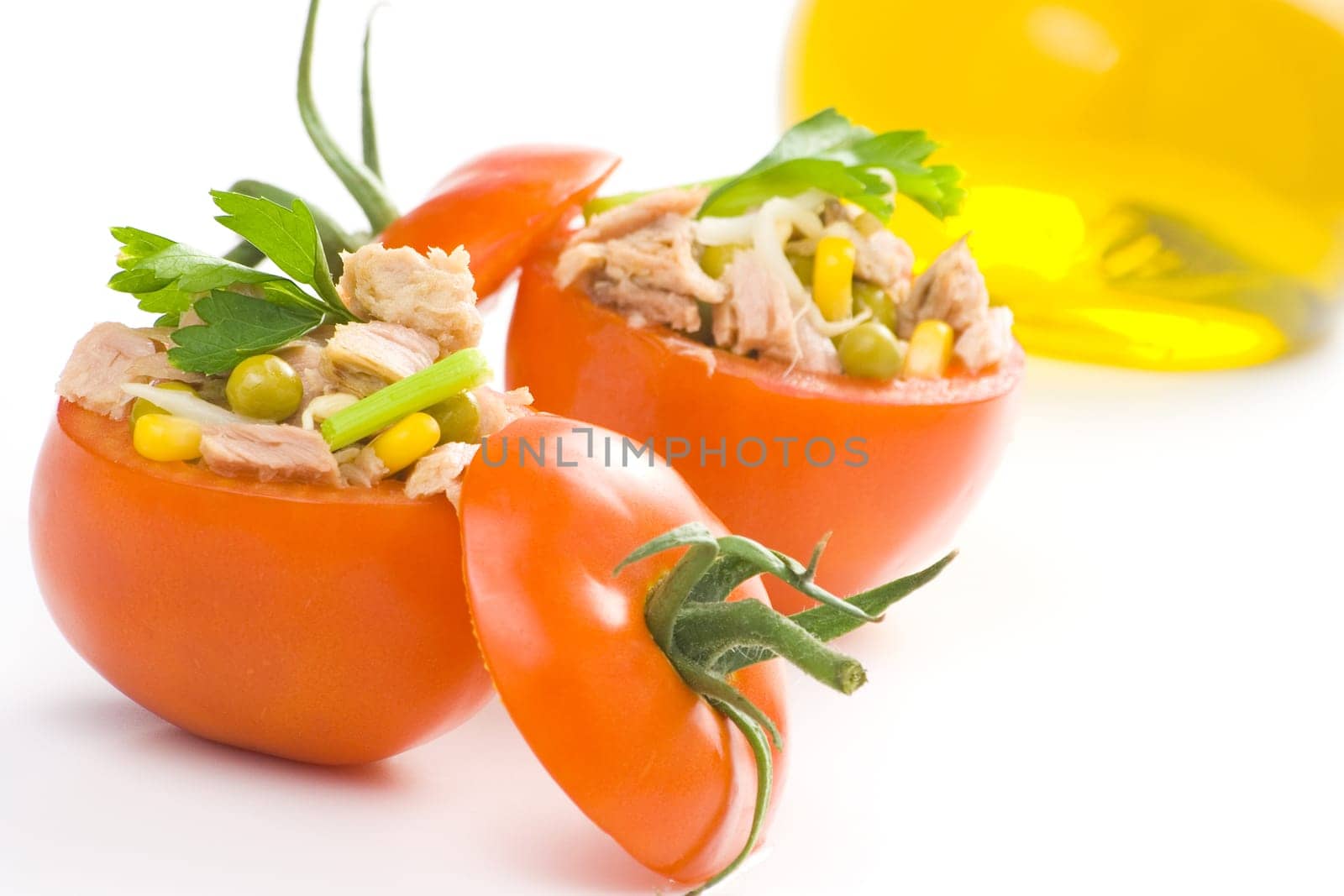 tomatoes stuffed with tuna celery peas corn and soybeans