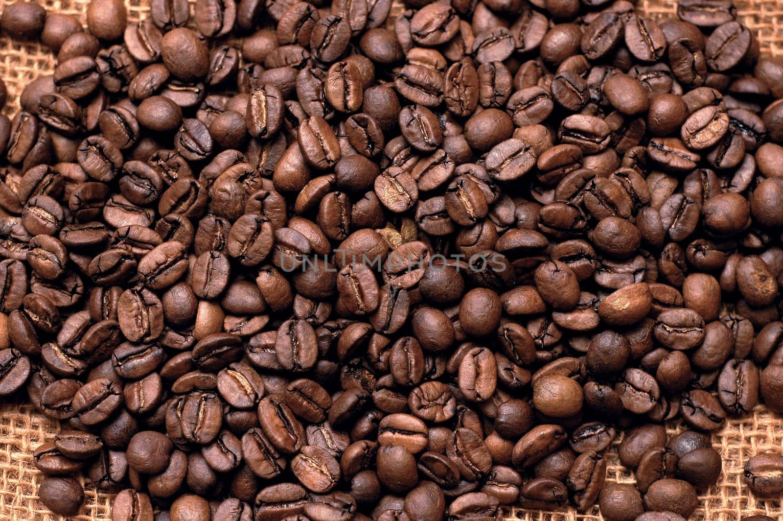 roasted coffee beans on a bag. vertical photo