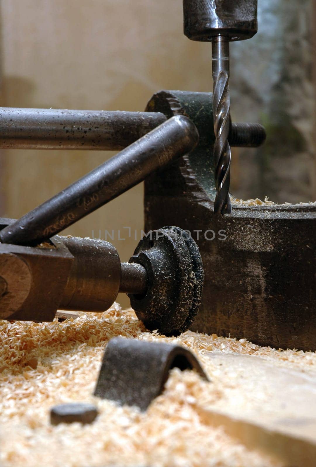 tool, drill and wood, sharp steel instrument