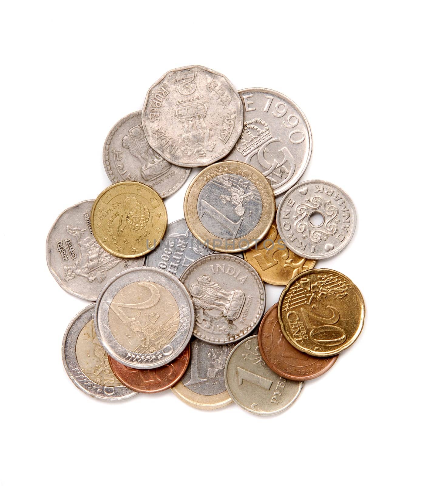 coins over white, euro, rupies, krone, international