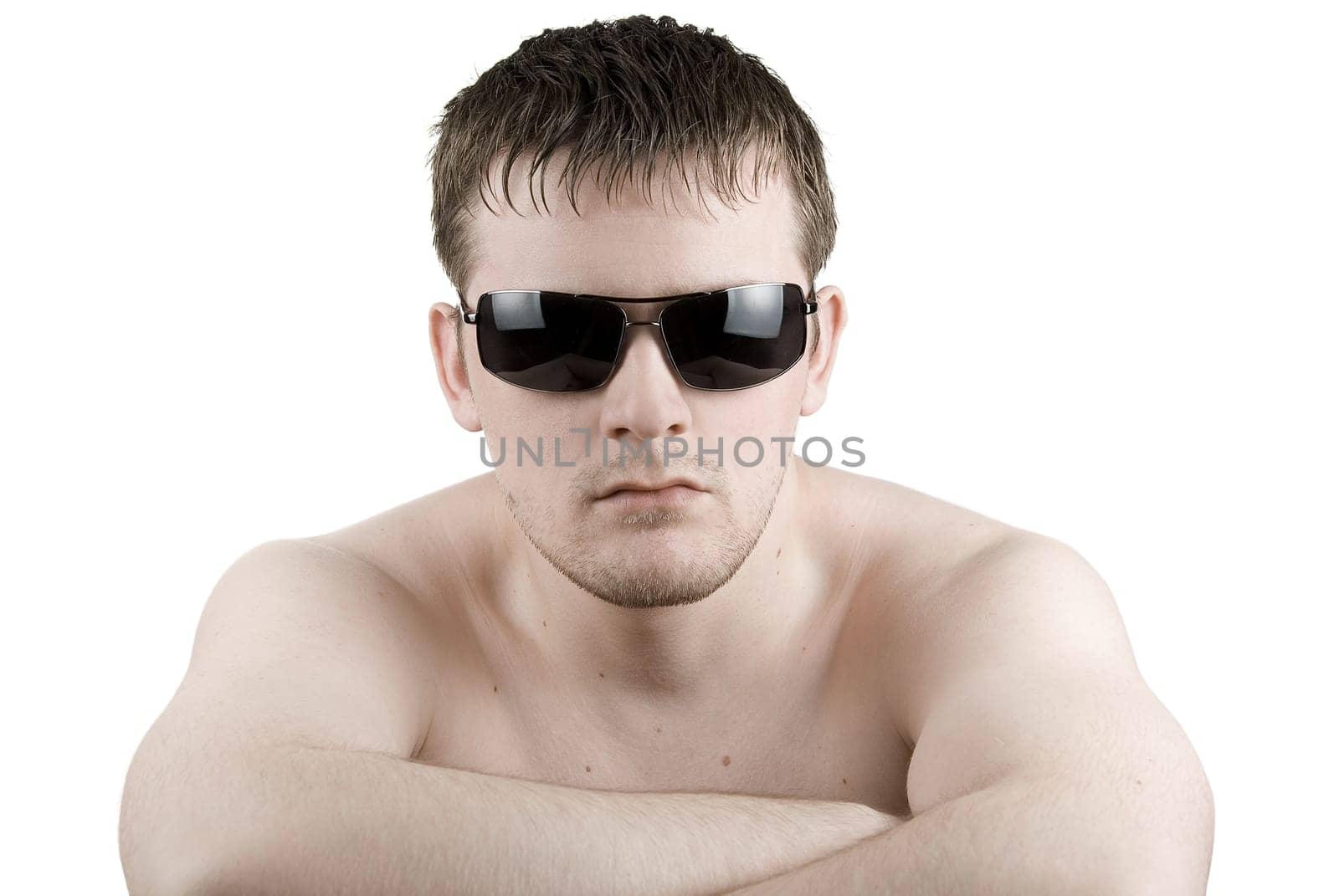 Man in black sunglasses on white