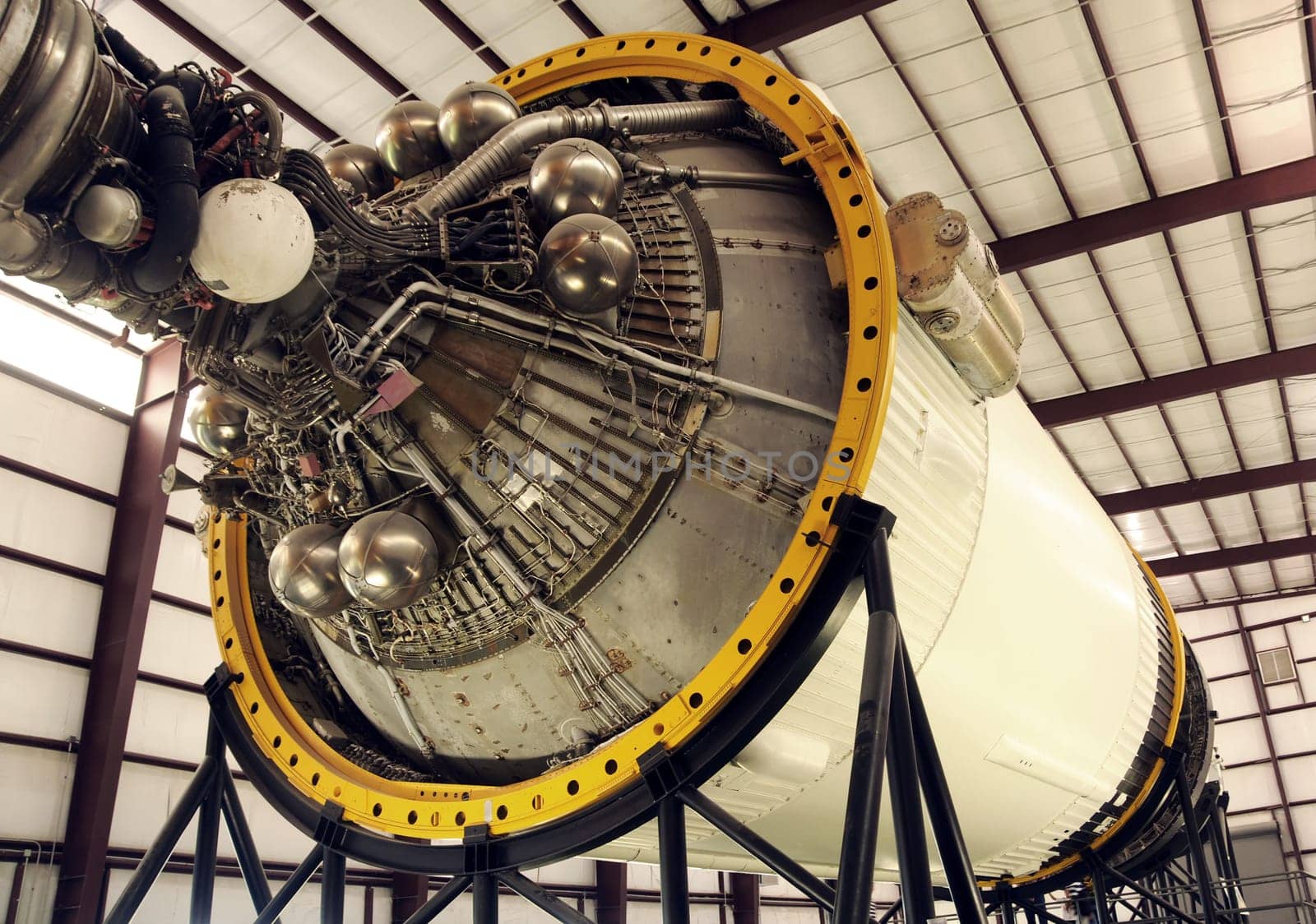 Rocket booster module stored in hangar